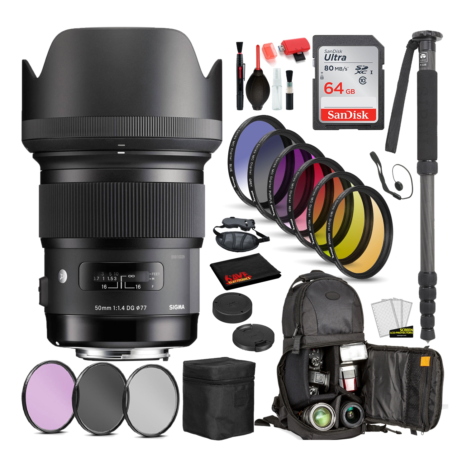 Sigma 50mm f/1.4 DG HSM Art Lens for Nikon F with Bundle: Sandisk 64gb SD Card, 9PC Filter Kit + More