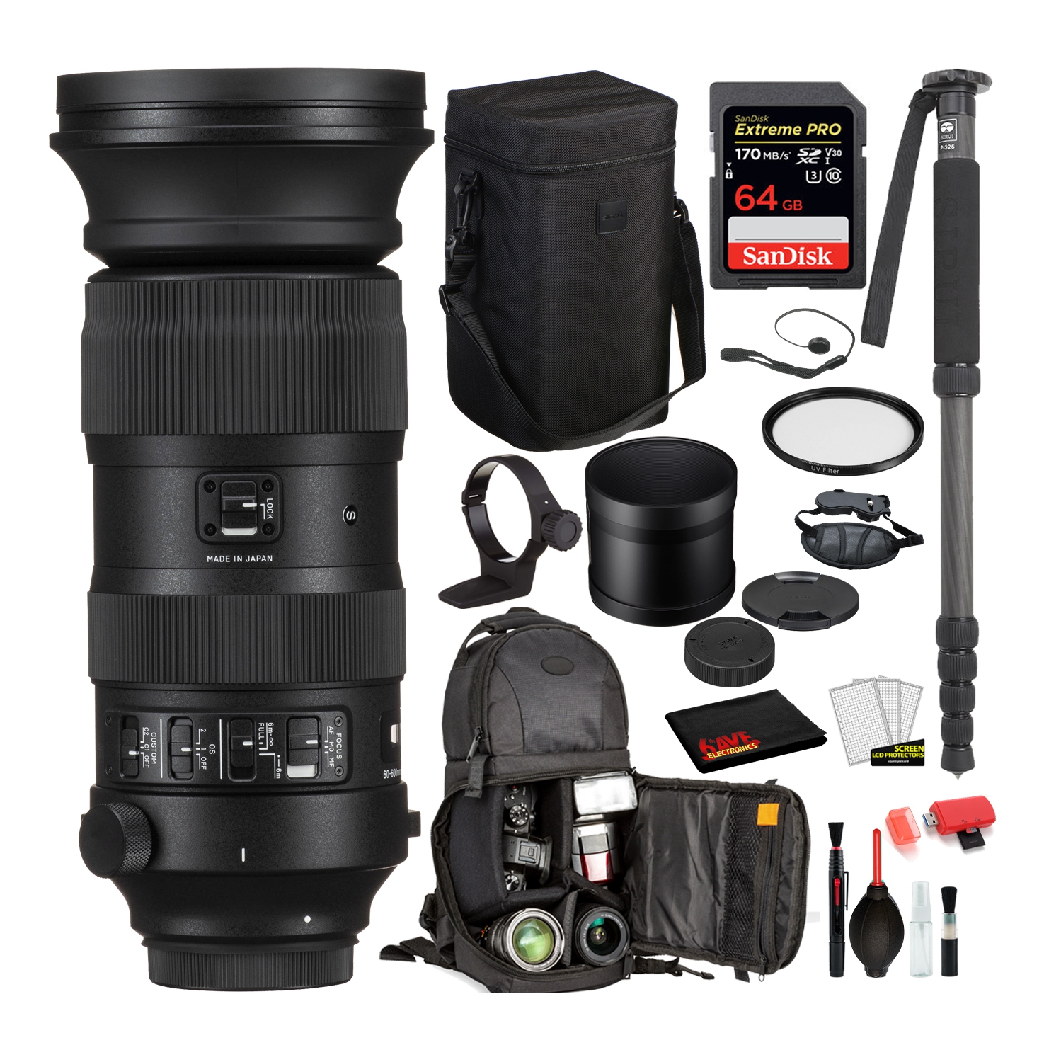 Sigma 60-600mm f/4.5-6.3 DG OS HSM Sports Lens for Nikon F with Bundle: SanDisk Extreme Pro 64gb SD Card + More