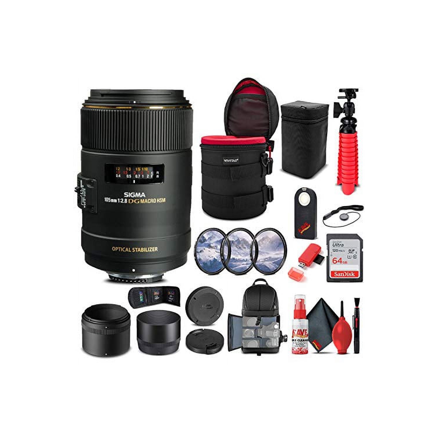 Sigma 105mm f/2.8 EX DG OS HSM Macro Lens for Nikon F Bundle