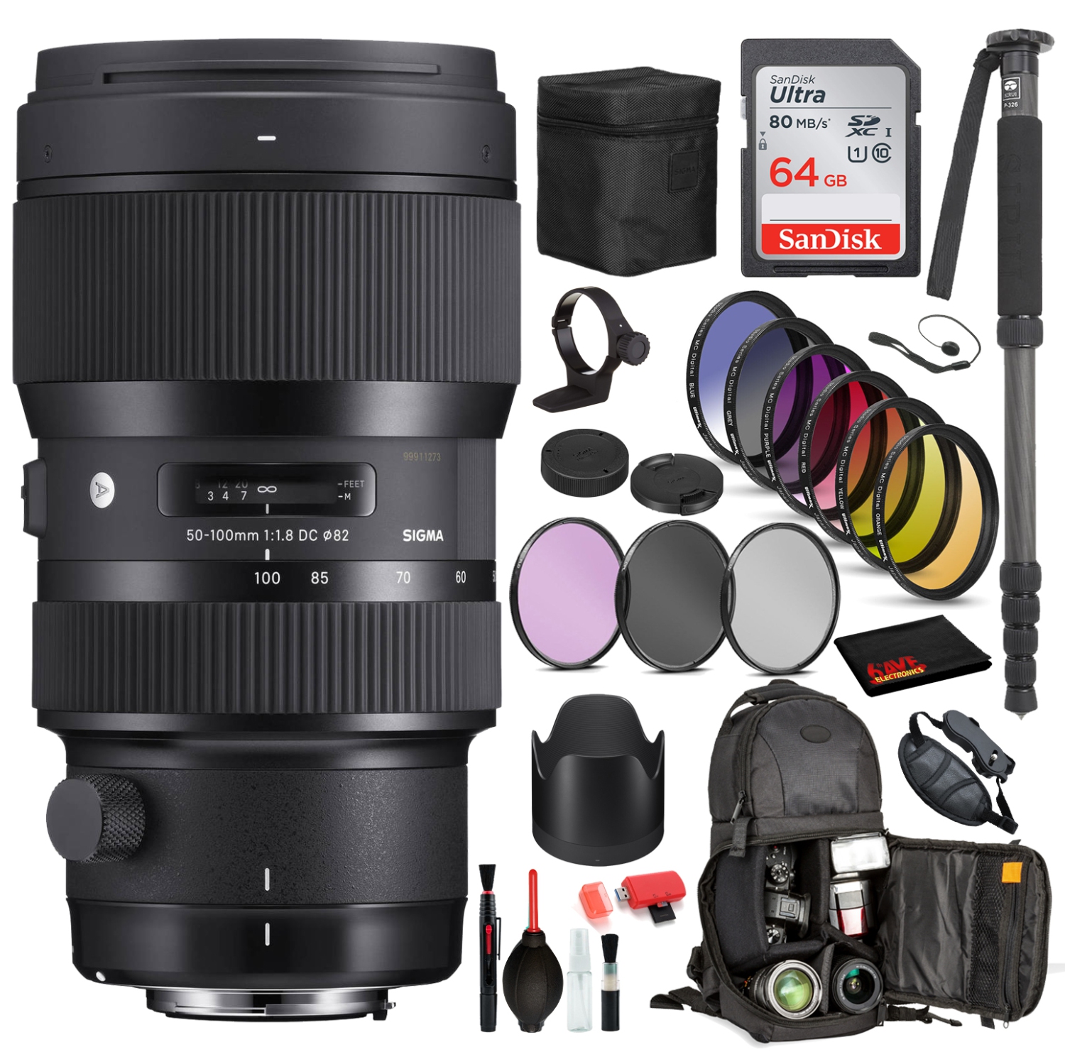 Sigma 50-100mm f/1.8 DC HSM Art Lens for Nikon F with Bundle Includes: Sandisk 64gb SD Card, 9PC Filter Kit + More
