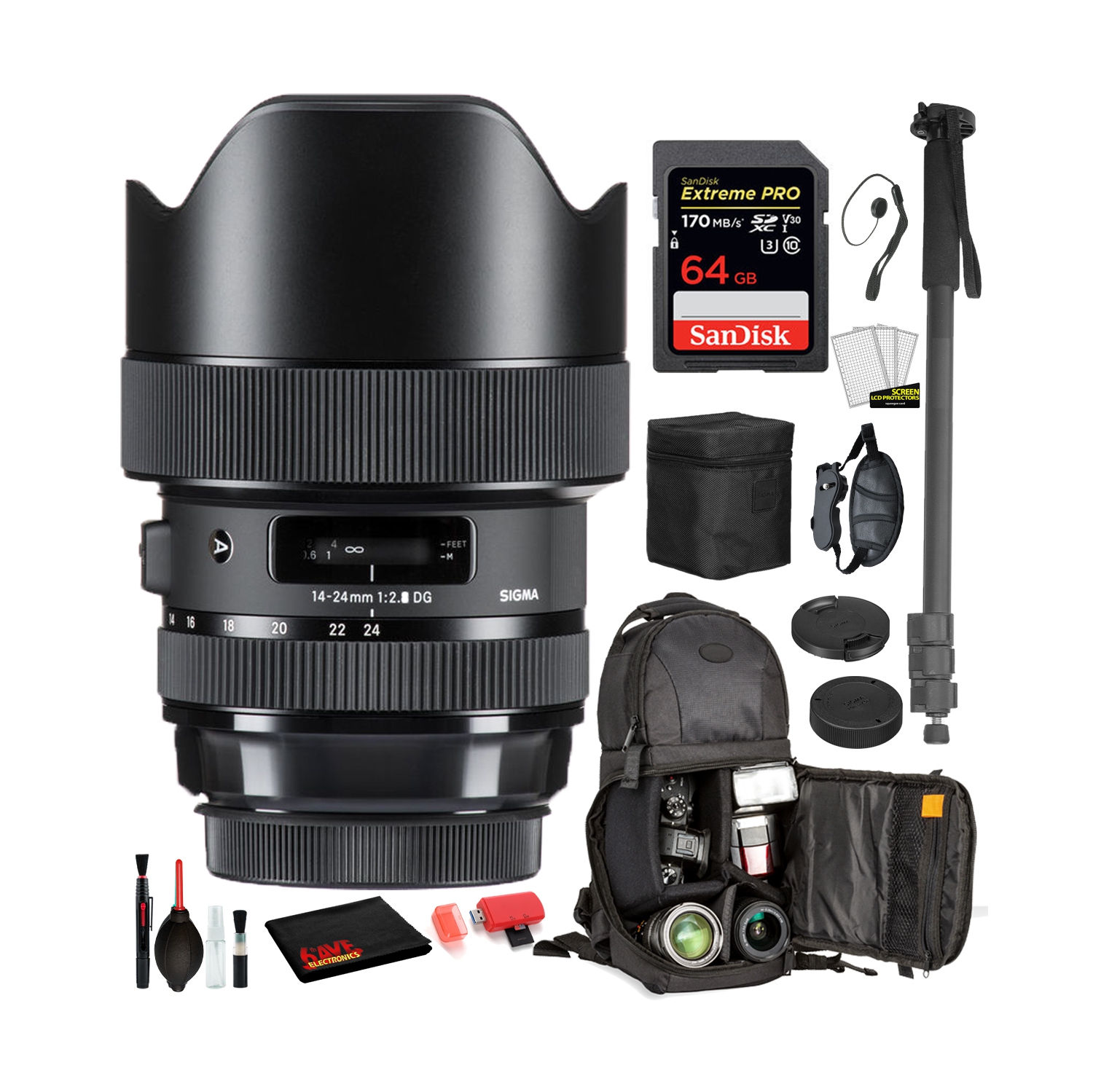 Sigma 14-24mm f/2.8 DG HSM Art Lens for Nikon F with Bundle: Sandisk extreme Pro 64gb SD Card, Sling Backpack + More