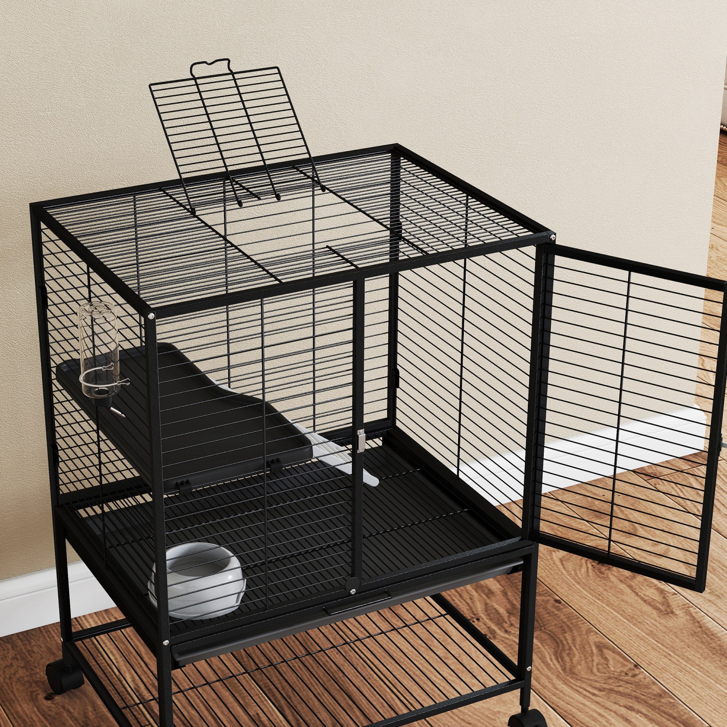 PawHut – Cage quinchilla avec roulettes pour rat, chaton avec tablette de rangement inférieure, plateau amovible, rampe, 24 x 18 x 34&nbsp;po, noir