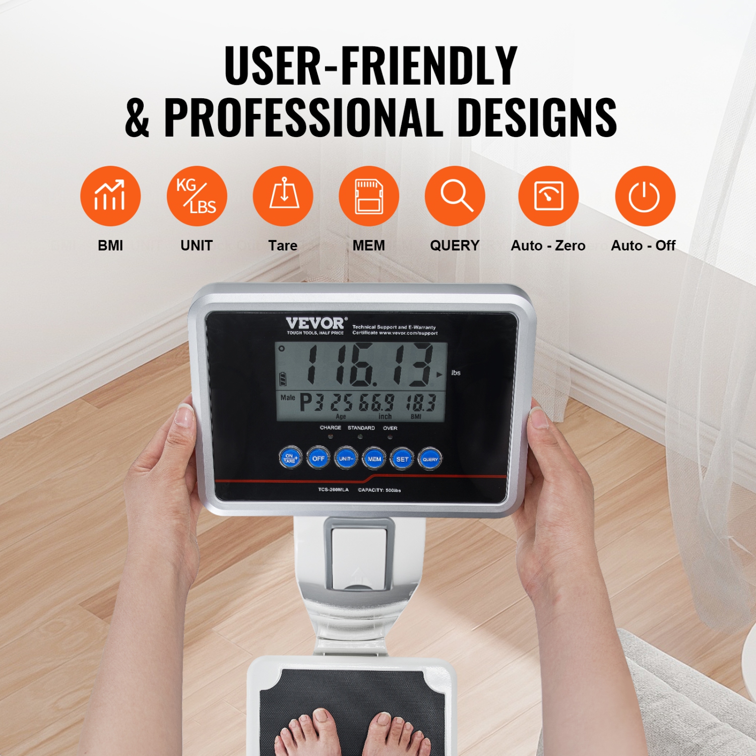 VEVOR 500lbs Capacity Medical Digital Scale, Professional Physician Scale for Weight Height, Multi-Function Scale with Built-in Height Rod, 2