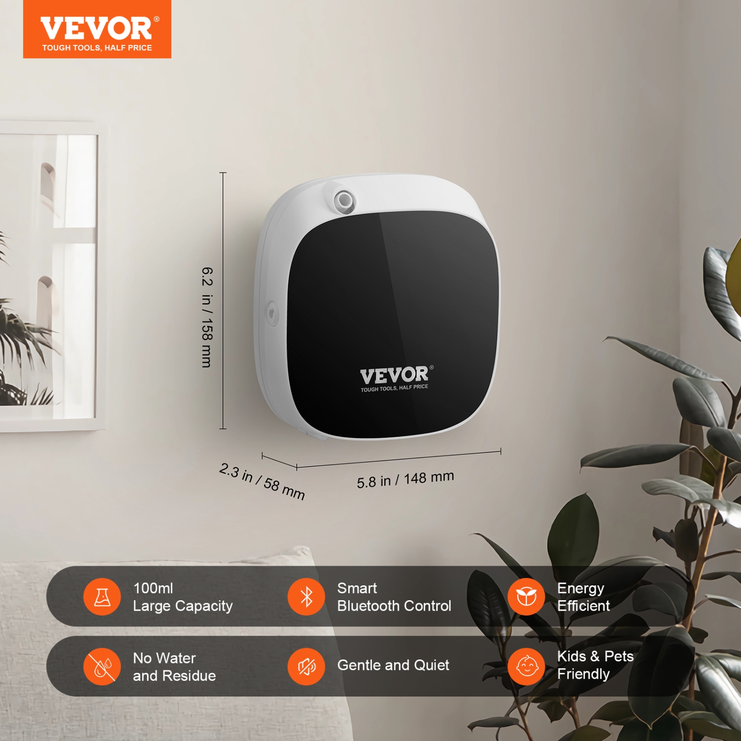 VEVOR 100ml Scent Air Machine, Bluetooth Smart Essential Oil Diffuser, 1000sq. ft Waterless Diffuser with Cold Air Technology, Aromatherapy Diffuser