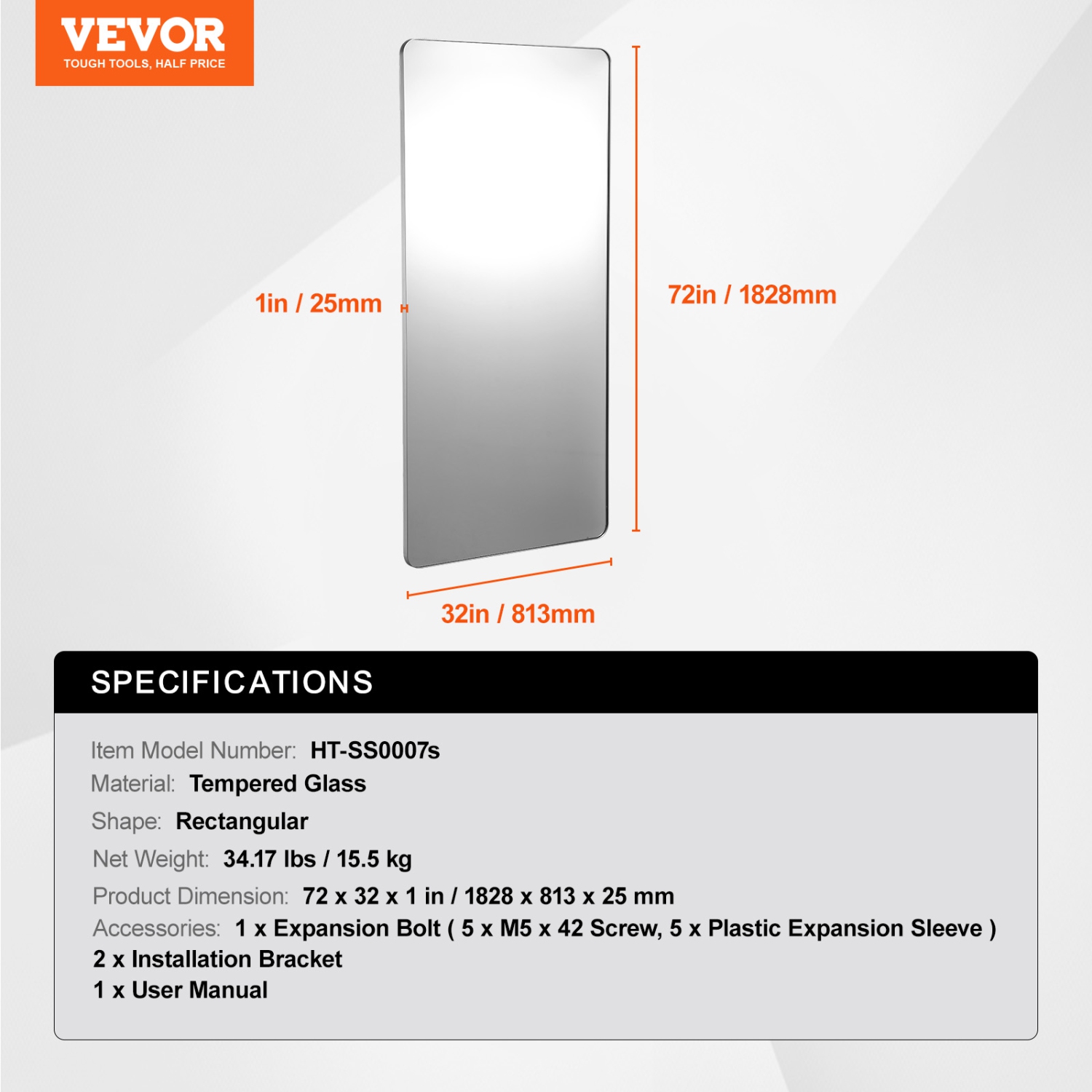 VEVOR 32"x72" Wall Mounted Makeup Mirror, 0.15" Thick, with Aluminium Alloy Frame & Explosion-Proof Film, Scratch-Resistant Mirror with Z-Shaped