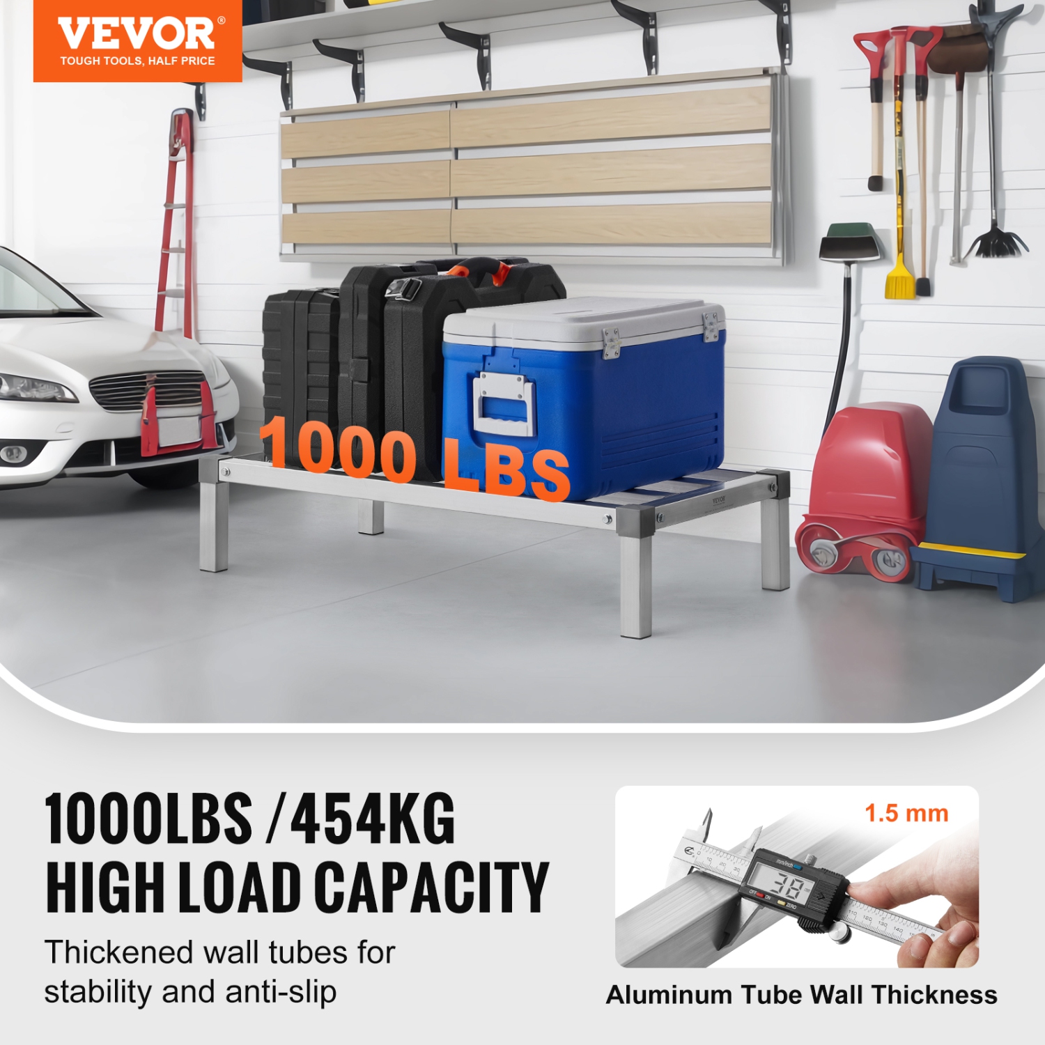 VEVOR 36" x 20" Aluminum Dunnage Rack, Commercial Food Floor Rack, 8" Off the Floor, 1000 lbs Capacity All-Welded Storage Rack, for Storage in