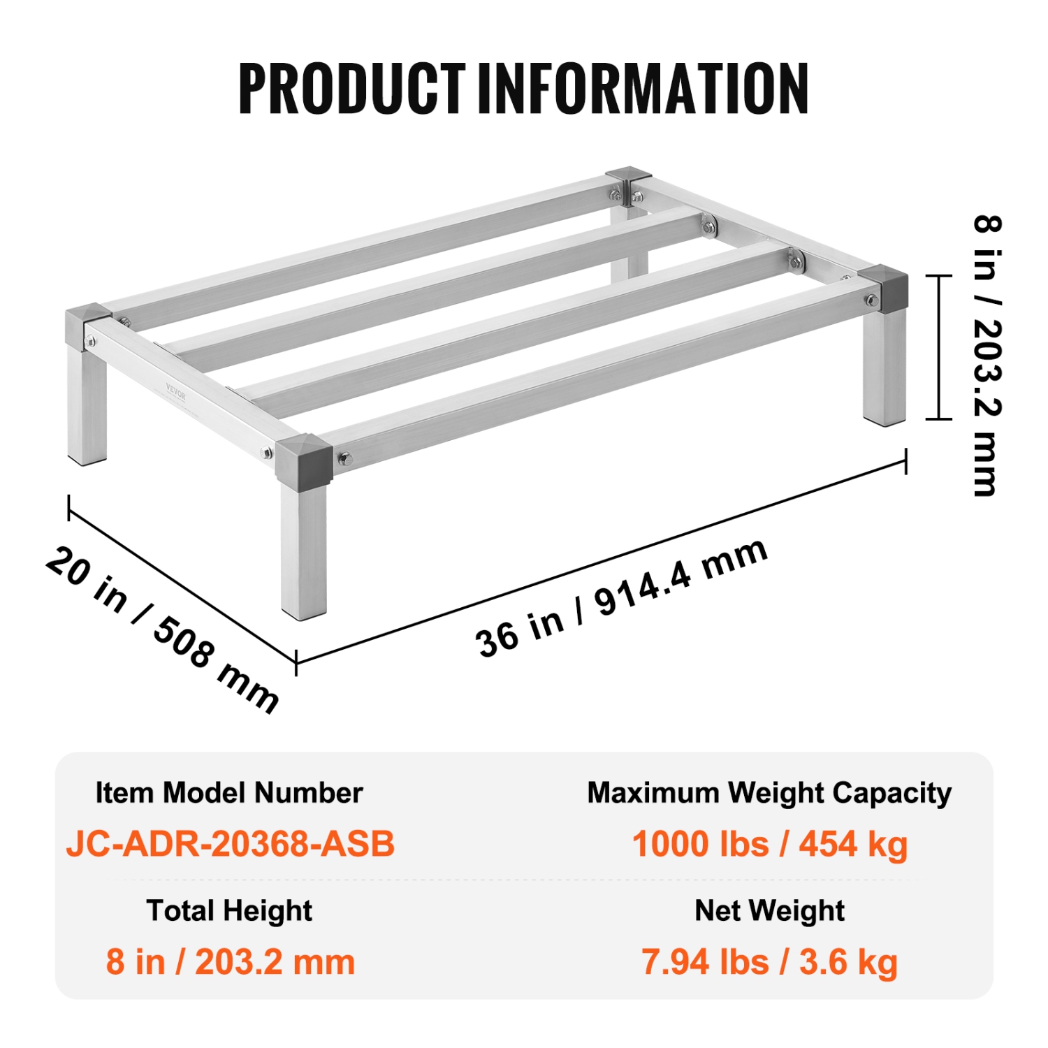 VEVOR 36" x 20" Aluminum Dunnage Rack, Commercial Food Floor Rack, 8" Off the Floor, 1000 lbs Capacity All-Welded Storage Rack, for Storage in