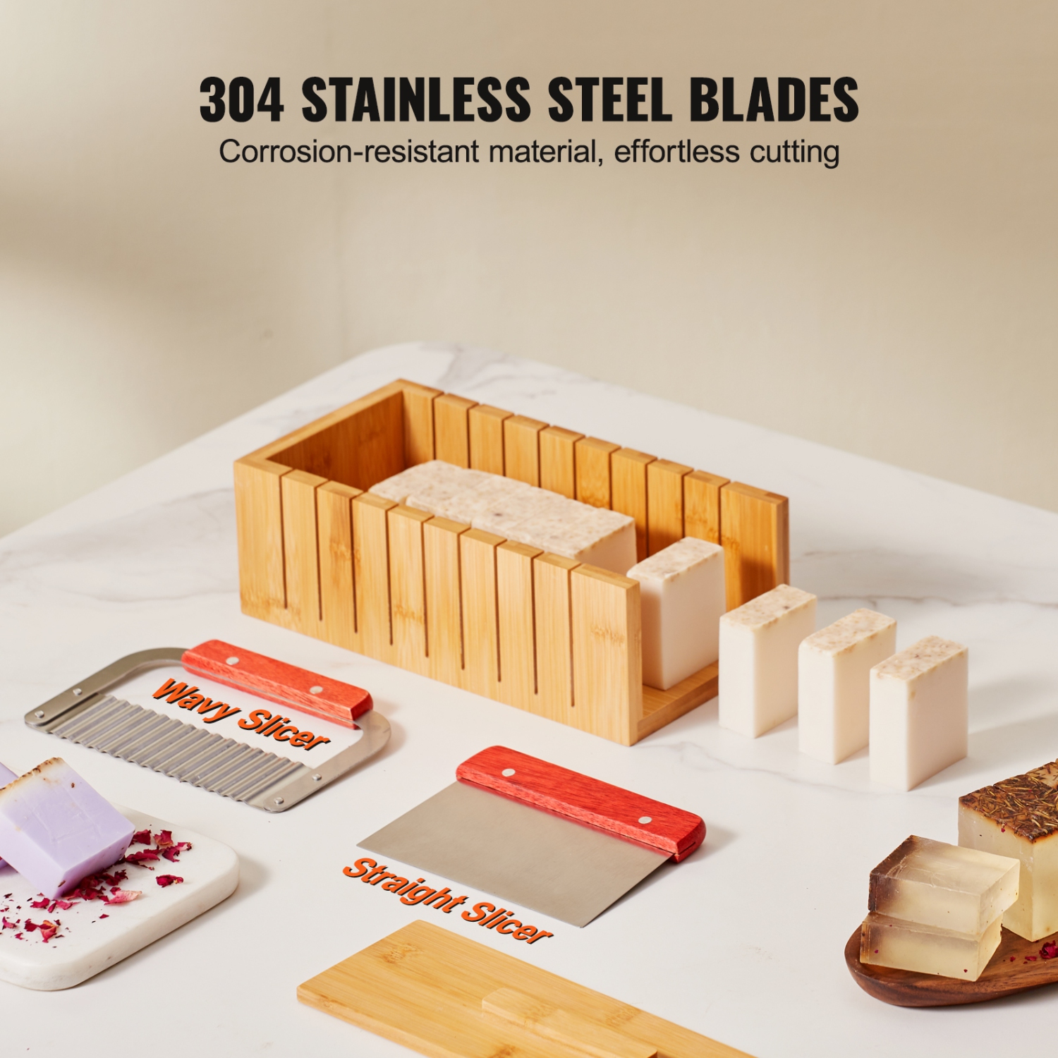 VEVOR Soap Making Kit, Bamboo Cutting Box and Inner Box with Silicone Mold, Stainless Steel Straight & Wavy Cutter, 100 Bags and 105 Stickers, Soap