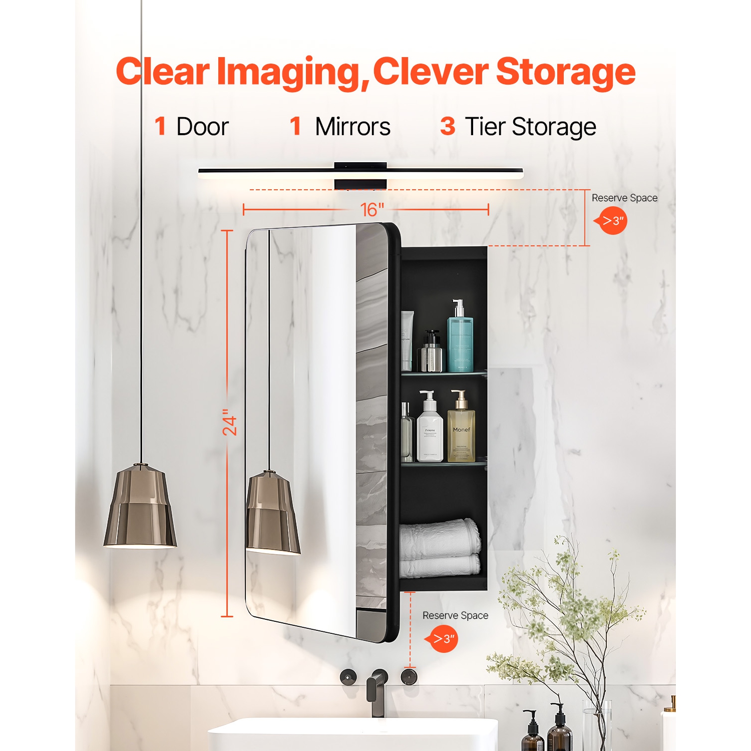 VEVOR 16 x 24 inch Medicine Cabinet, Medicine Cabinet for Bathroom with Mirror, Aluminum Frame Bathroom Wall Cabinet,2-layer Adjustable