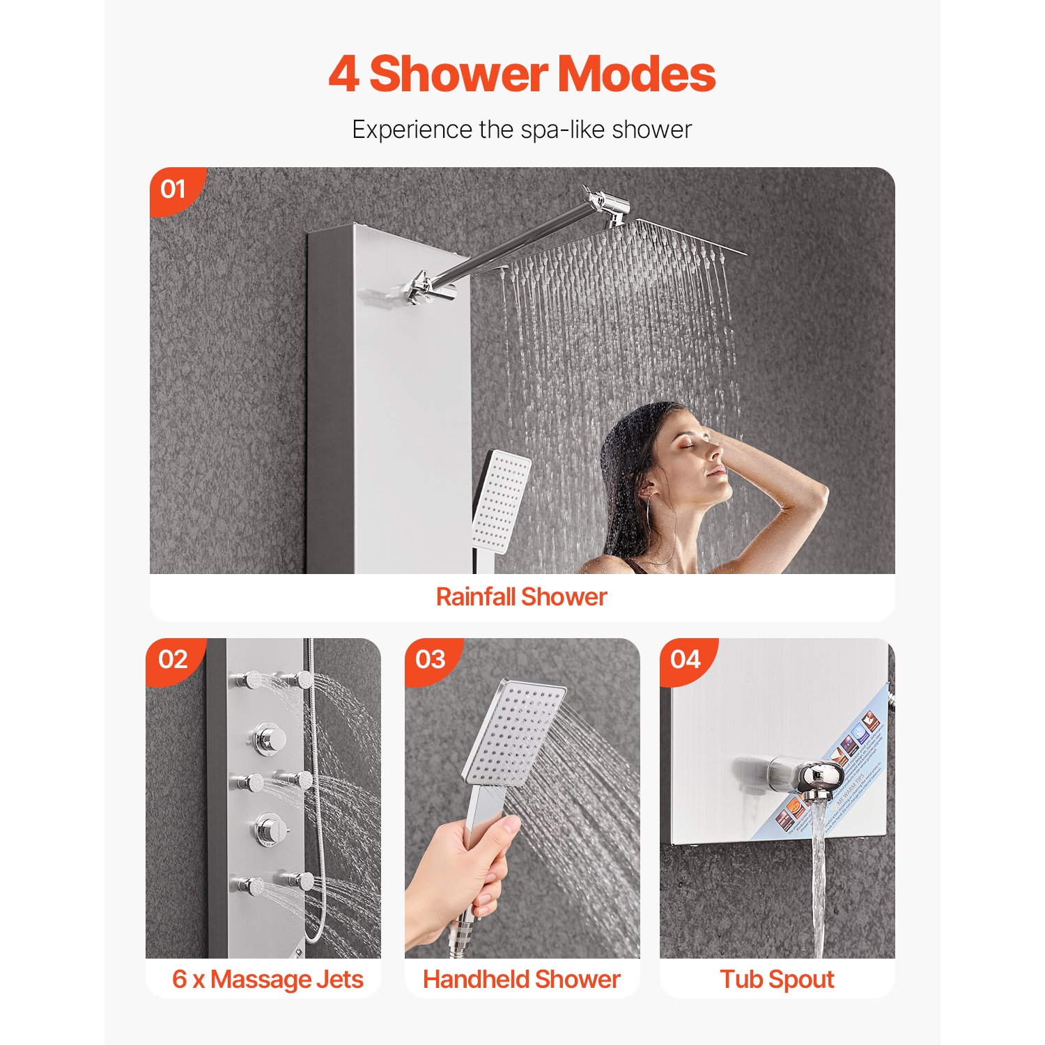 VEVOR 49 in Shower Panel Tower System with Rainfall Shower Head, LED, Brushed Stainless Steel Shower Column, 4-Function Faucet, Wall-Mount Rain