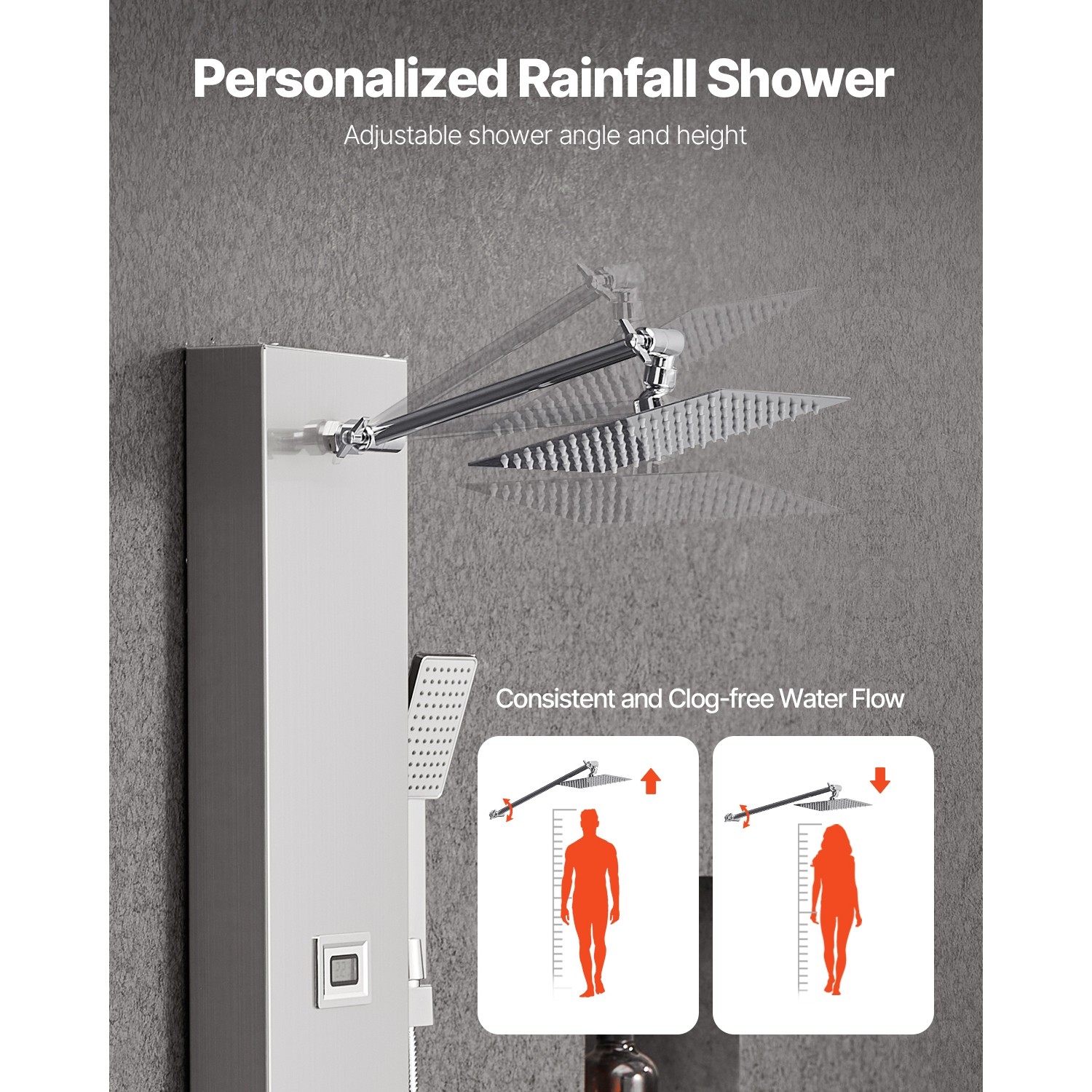 VEVOR 49 in Shower Panel Tower System with Rainfall Shower Head, LED, Brushed Stainless Steel Shower Column, 4-Function Faucet, Wall-Mount Rain