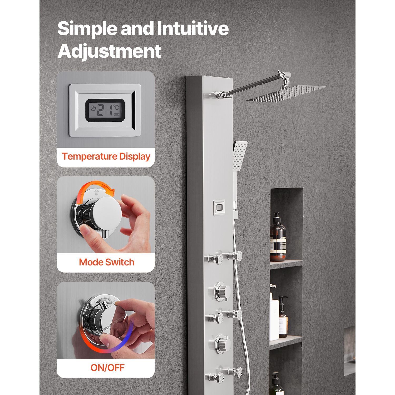 VEVOR 49 in Shower Panel Tower System with Rainfall Shower Head, LED, Brushed Stainless Steel Shower Column, 4-Function Faucet, Wall-Mount Rain