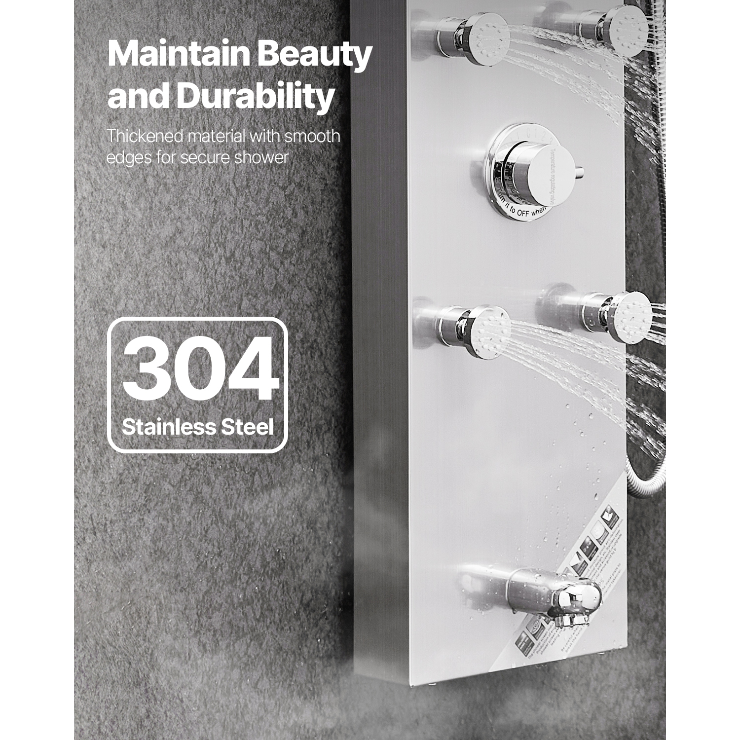 VEVOR 49 in Shower Panel Tower System with Rainfall Shower Head, LED, Brushed Stainless Steel Shower Column, 4-Function Faucet, Wall-Mount Rain