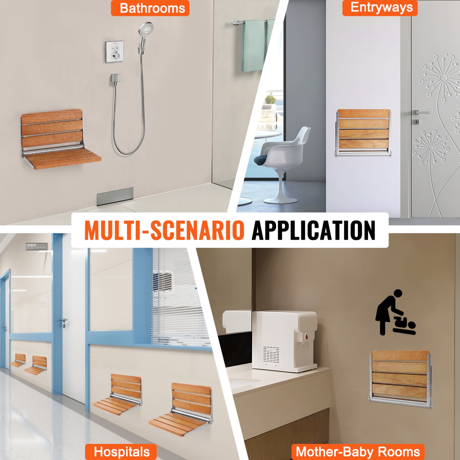 VEVOR 16.1" x 13.4" Folding Oak Shower Seat, Wall Mounted Fold Up Shower Bench with 440 lbs Load Capacity, Space Saving Home Care Fold Down Shower