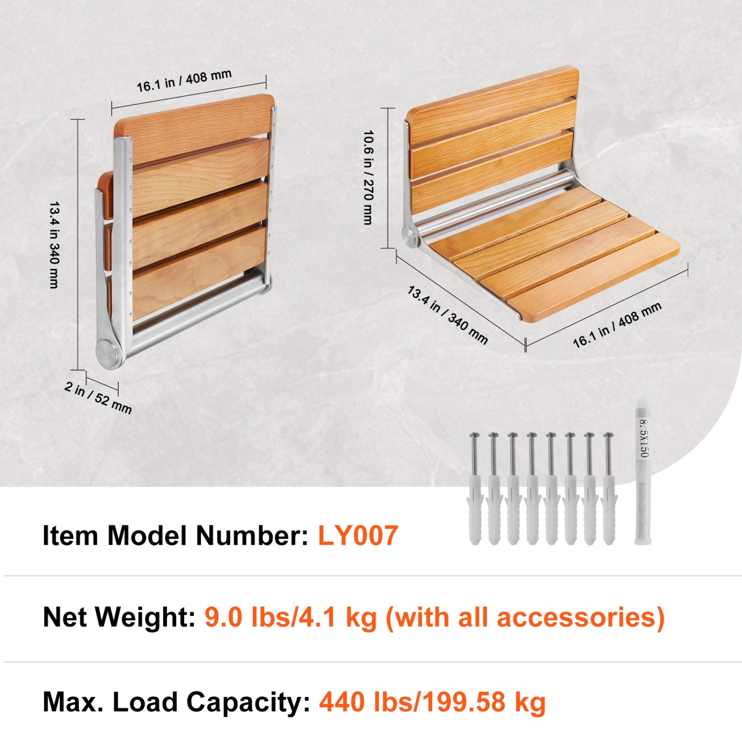 VEVOR 16.1" x 13.4" Folding Oak Shower Seat, Wall Mounted Fold Up Shower Bench with 440 lbs Load Capacity, Space Saving Home Care Fold Down Shower