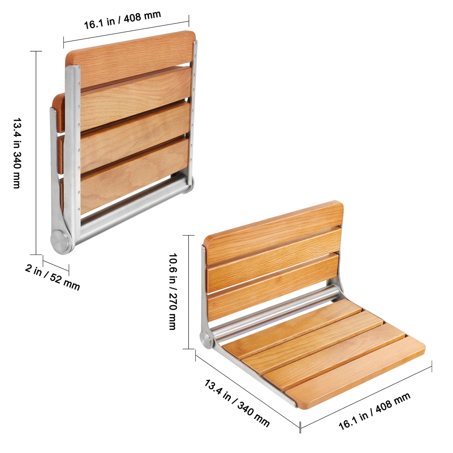 VEVOR 16.1" x 13.4" Folding Oak Shower Seat, Wall Mounted Fold Up Shower Bench with 440 lbs Load Capacity, Space Saving Home Care Fold Down Shower