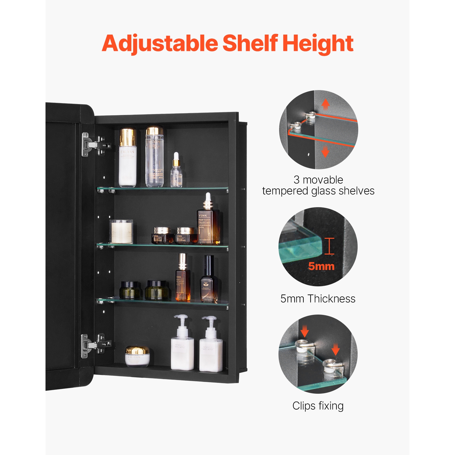 VEVOR 16.5 x 27.5 inch Medicine Cabinet, Medicine Cabinet for Bathroom with Mirror, Aluminum Frame Bathroom Wall Cabinet, 3-layer Adjustable Shelves,