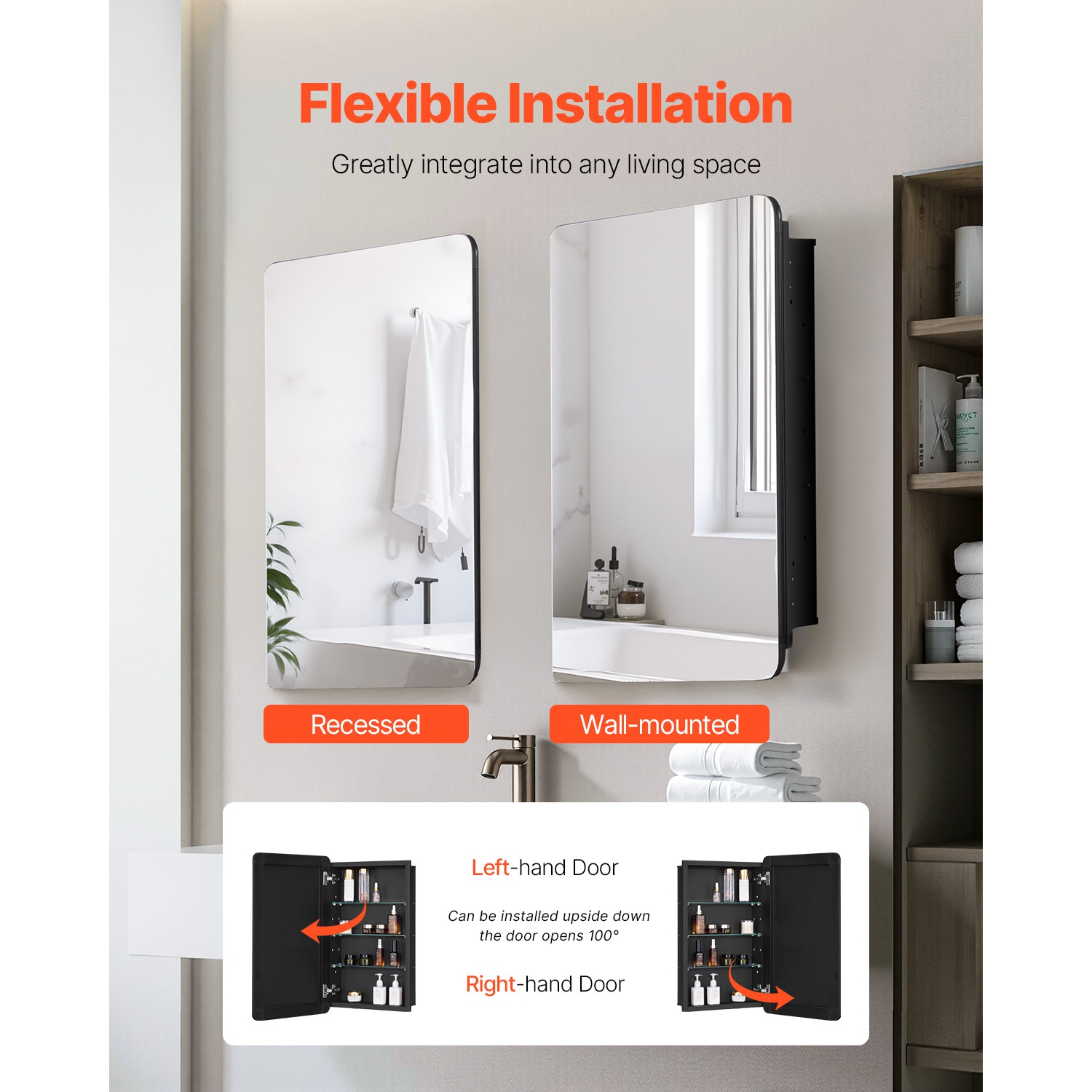 VEVOR 16.5 x 27.5 inch Medicine Cabinet, Medicine Cabinet for Bathroom with Mirror, Aluminum Frame Bathroom Wall Cabinet, 3-layer Adjustable Shelves,