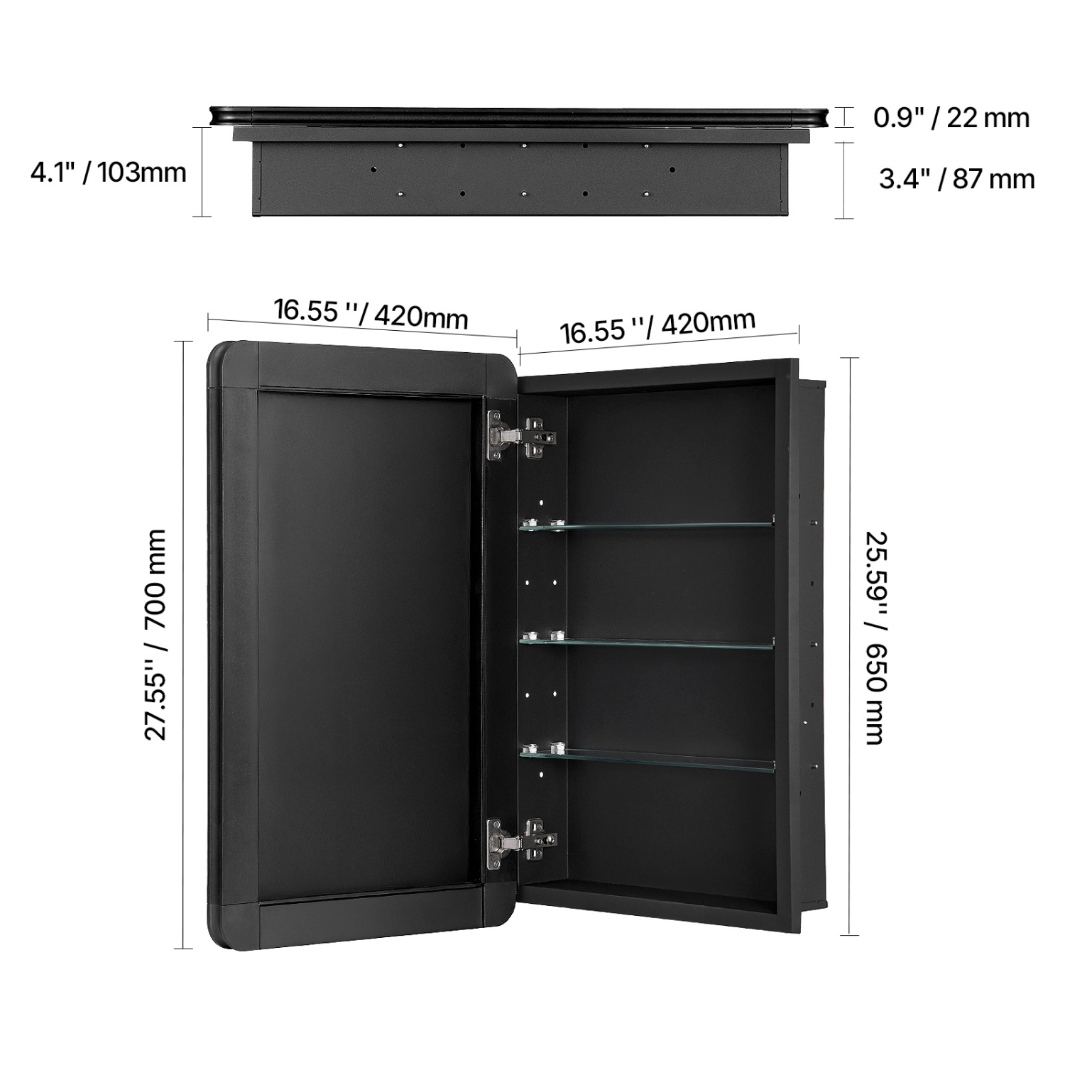 VEVOR 16.5 x 27.5 inch Medicine Cabinet, Medicine Cabinet for Bathroom with Mirror, Aluminum Frame Bathroom Wall Cabinet, 3-layer Adjustable Shelves,