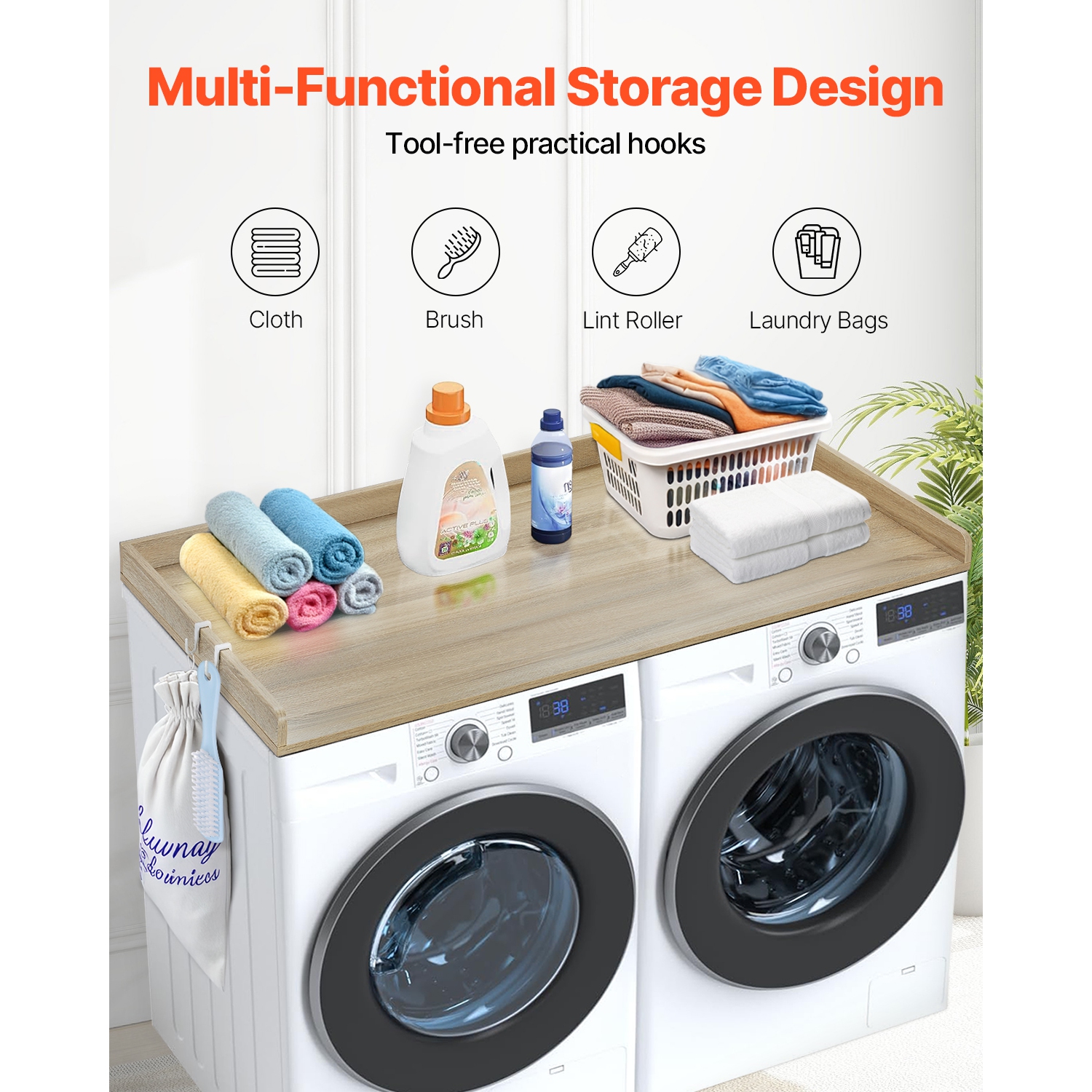 VEVOR 54" x 27" Washer Dryer Countertop, Wooden Washer and Dryer Countertop, Water-Resistant Laundry Machine Topper Cover with Anti-Slip Pads, for