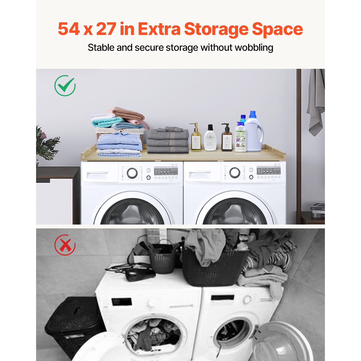 VEVOR 54" x 27" Washer Dryer Countertop, Wooden Washer and Dryer Countertop, Water-Resistant Laundry Machine Topper Cover with Anti-Slip Pads, for