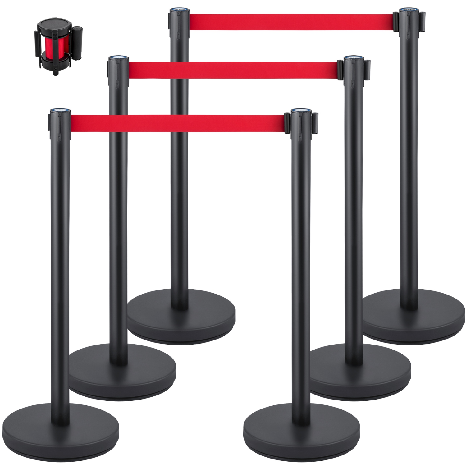 VEVOR Crowd Control Stanchion,Set of 6 Pieces Stanchion Set, Stanchion Set with 6.6 ft/2 m Red Retractable Belt,Black Crowd Control Barrier with