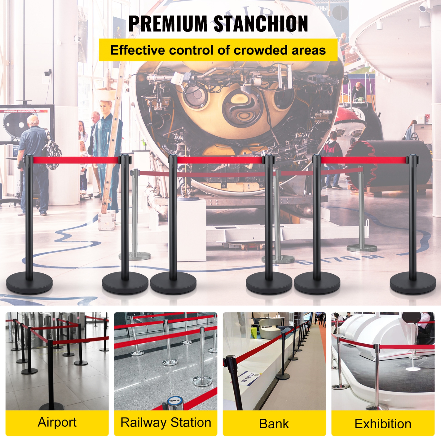 VEVOR Crowd Control Stanchion,Set of 6 Pieces Stanchion Set, Stanchion Set with 6.6 ft/2 m Red Retractable Belt,Black Crowd Control Barrier with