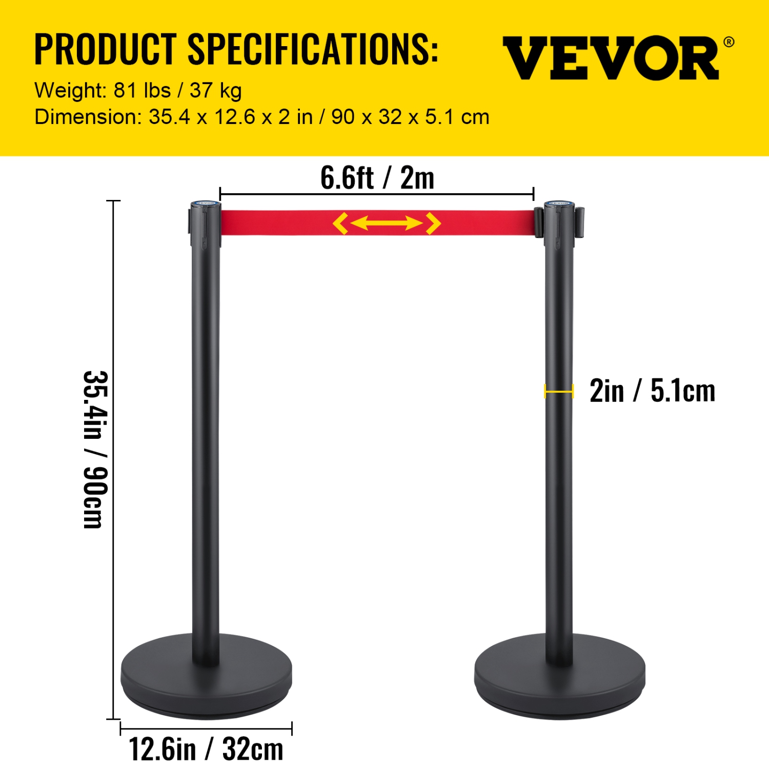 VEVOR Crowd Control Stanchion,Set of 6 Pieces Stanchion Set, Stanchion Set with 6.6 ft/2 m Red Retractable Belt,Black Crowd Control Barrier with
