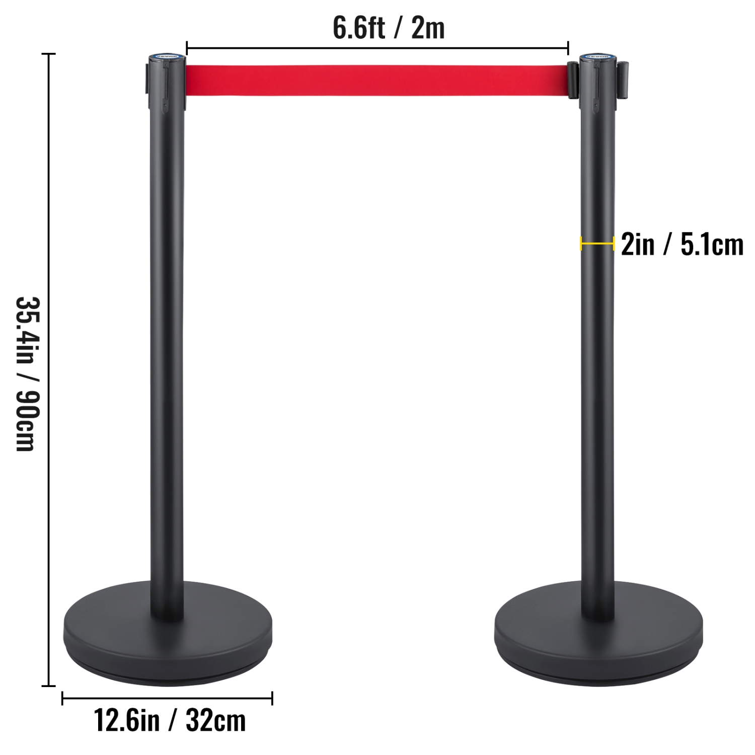 VEVOR Crowd Control Stanchion,Set of 6 Pieces Stanchion Set, Stanchion Set with 6.6 ft/2 m Red Retractable Belt,Black Crowd Control Barrier with