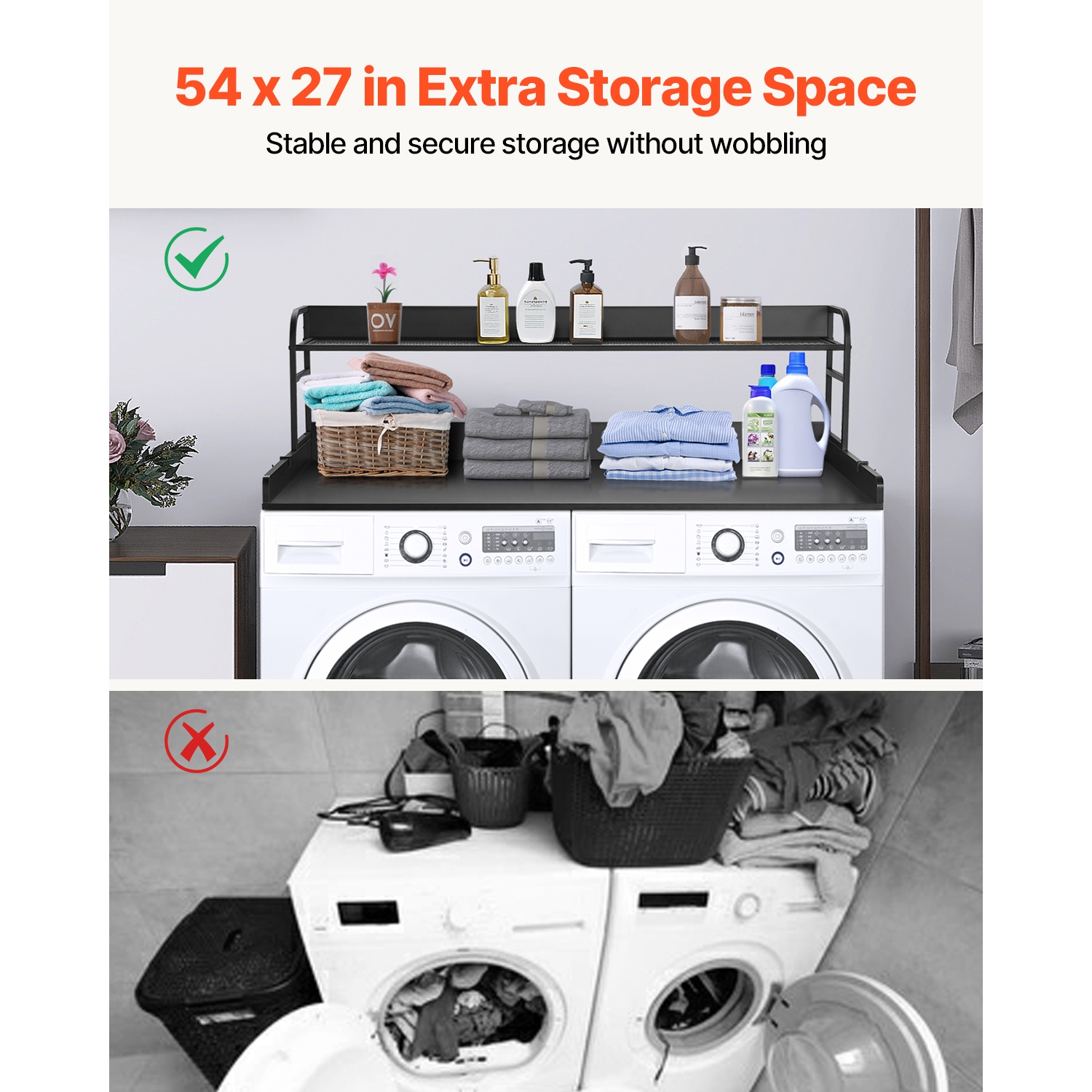 VEVOR 54" x 27" Washer Dryer Countertop with 2-Tier Shelf,Wooden Washer and Dryer Countertop with Anti-Slip Pads,Water-Resistant Laundry Topper Cover