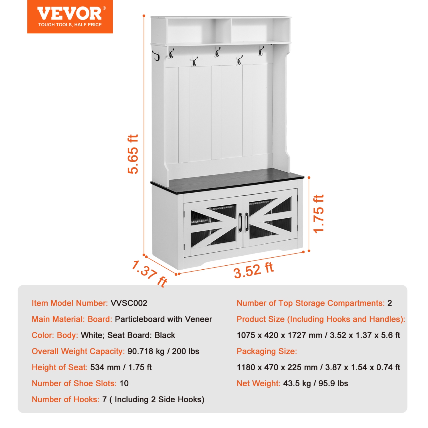 VEVOR 42" Wide Hall Tree Entryway Bench, LED Coat Rack with Shoe Storage, Mudroom bench with Storage and Seating, Adjustable Shelves and 7 Hanging