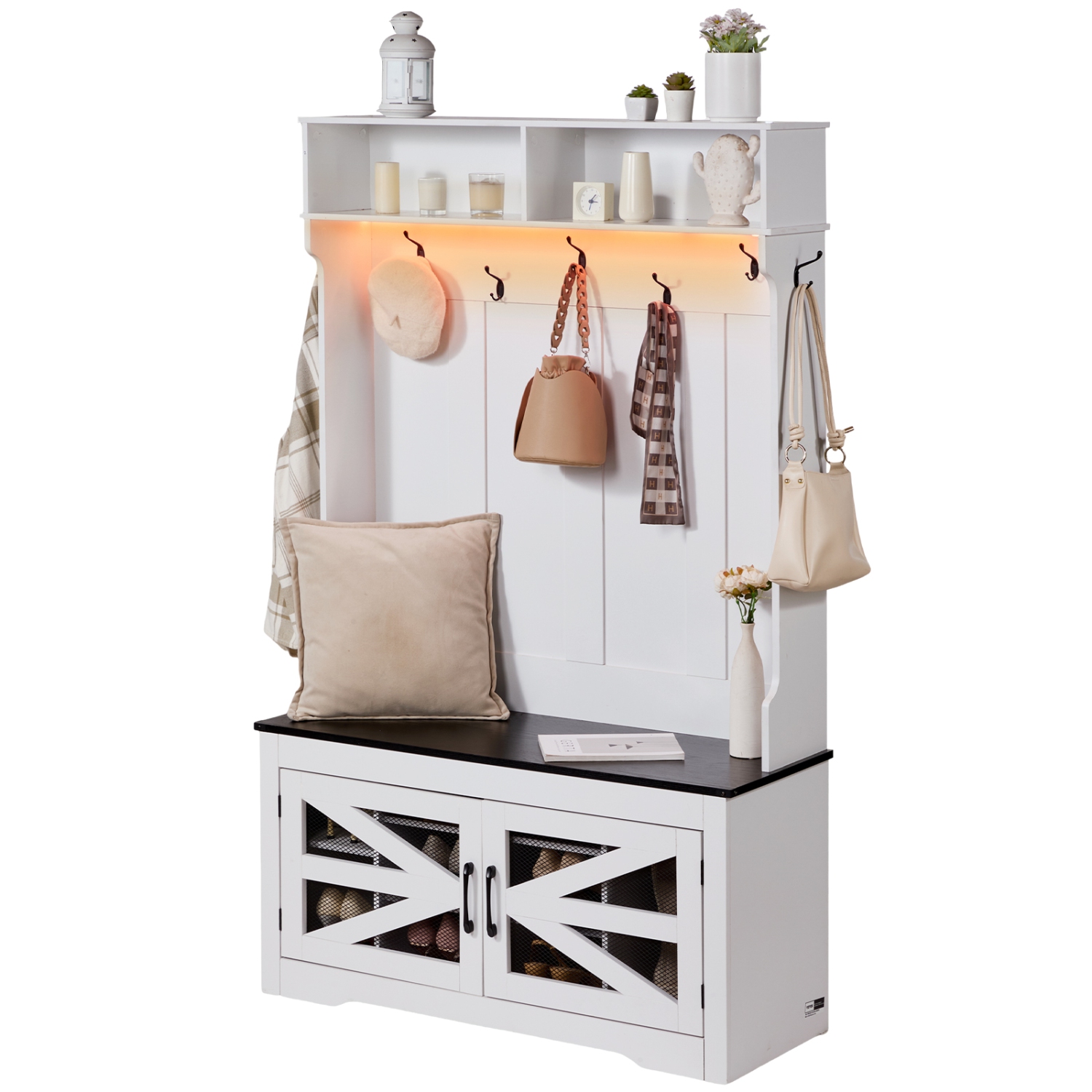 VEVOR 42" Wide Hall Tree Entryway Bench, LED Coat Rack with Shoe Storage, Mudroom bench with Storage and Seating, Adjustable Shelves and 7 Hanging