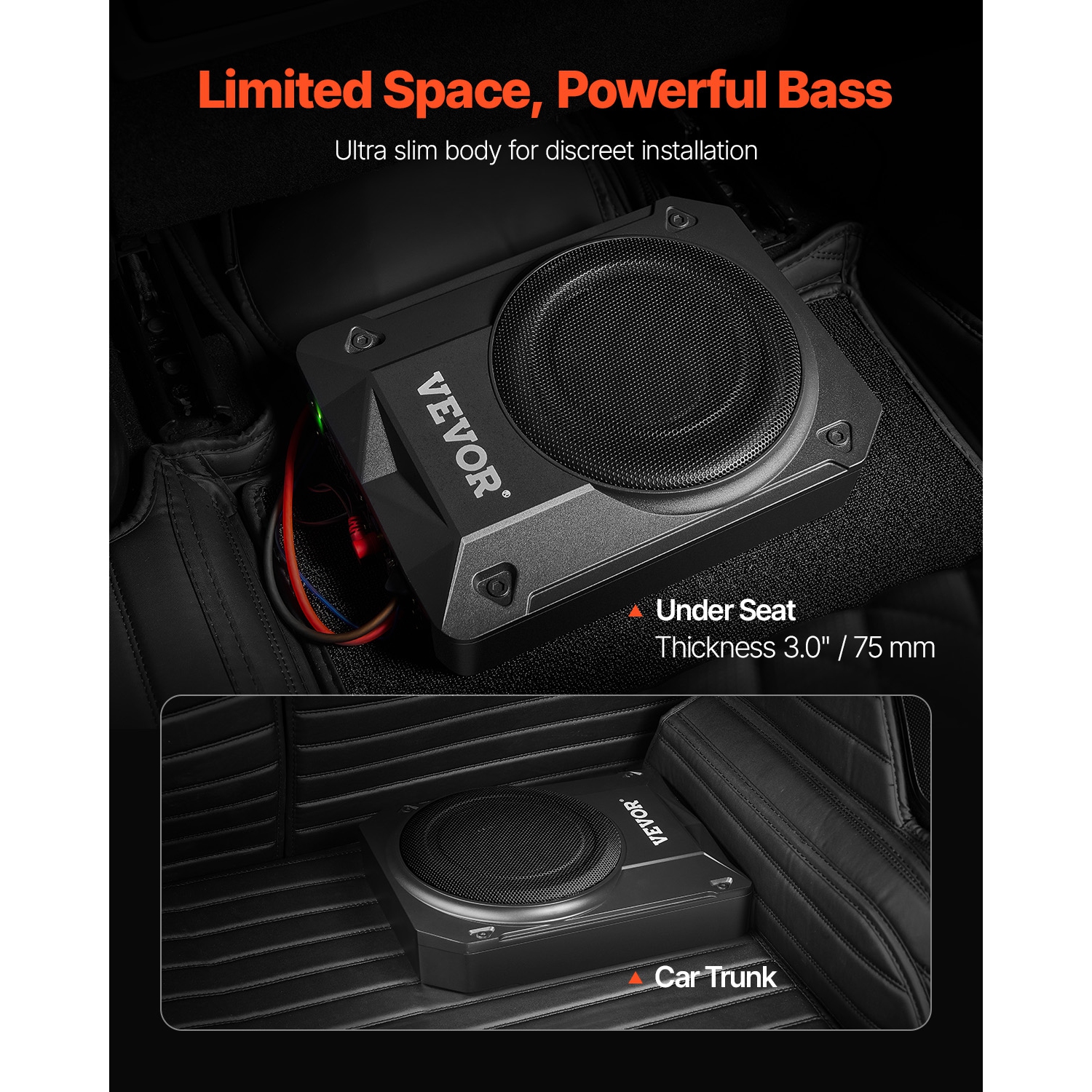 VEVOR 8" 800W Underseat Car Subwoofer, Slim Powered Car Subwoofers Under the Seat, Low Profile Audio Sub Built-in Amplifier, High/Low Level Input &