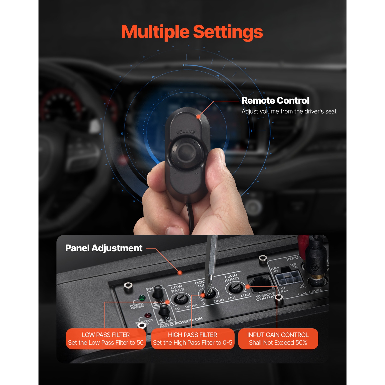 VEVOR 8" 800W Underseat Car Subwoofer, Slim Powered Car Subwoofers Under the Seat, Low Profile Audio Sub Built-in Amplifier, High/Low Level Input &