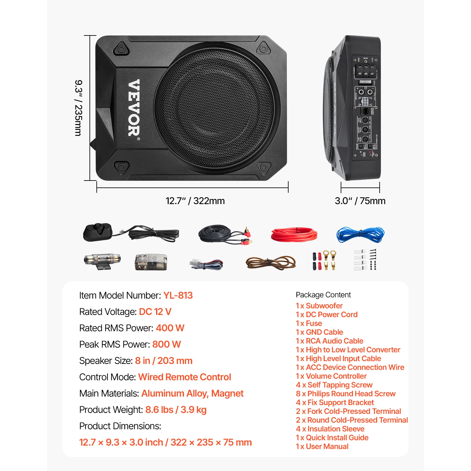 VEVOR 8" 800W Underseat Car Subwoofer, Slim Powered Car Subwoofers Under the Seat, Low Profile Audio Sub Built-in Amplifier, High/Low Level Input &