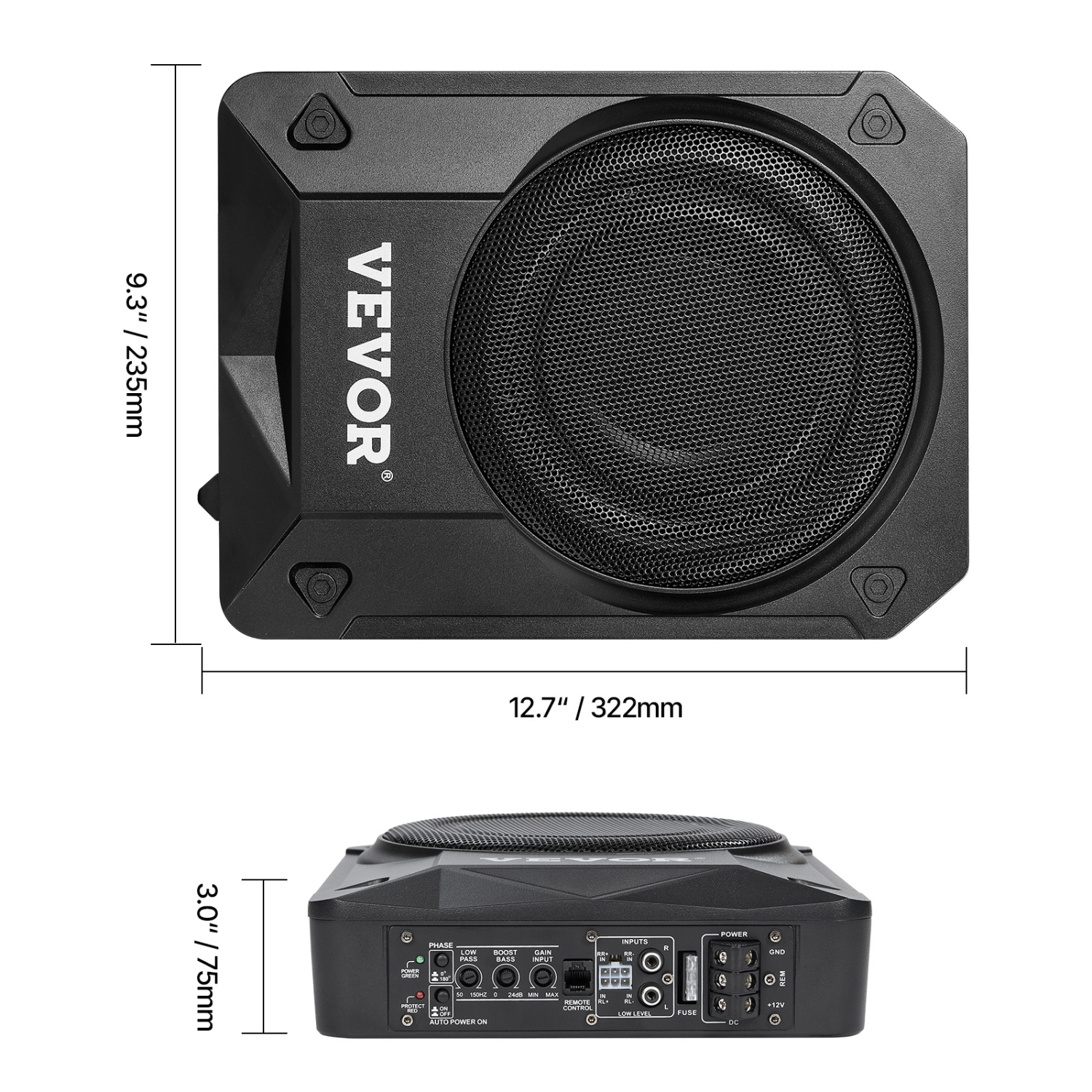 VEVOR 8" 800W Underseat Car Subwoofer, Slim Powered Car Subwoofers Under the Seat, Low Profile Audio Sub Built-in Amplifier, High/Low Level Input &