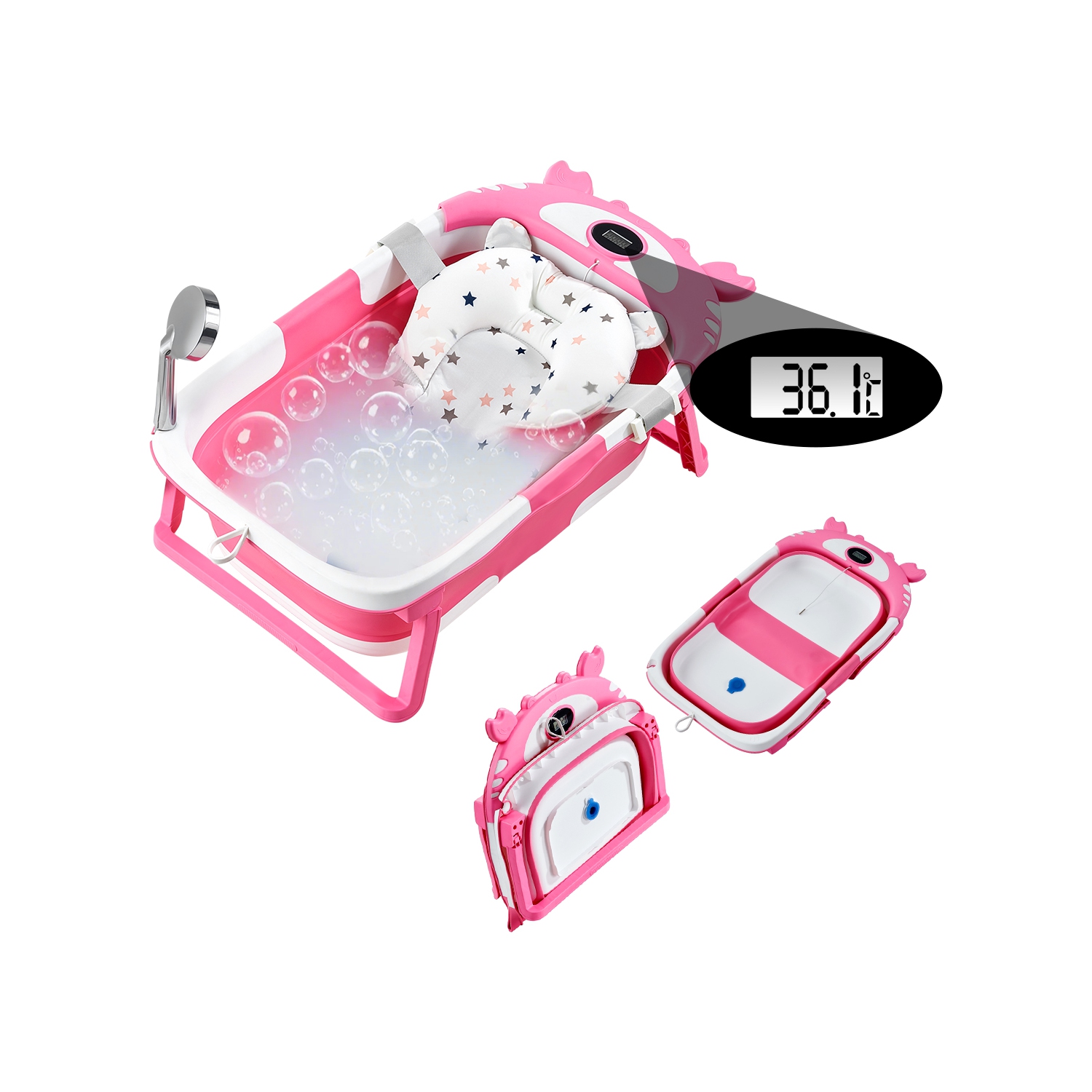 Baignoire pour bébé de 5 gallons VEVOR, baignoire pliante pour bébé avec thermomètre et coussin doux, baignoire rose durable et portative avec