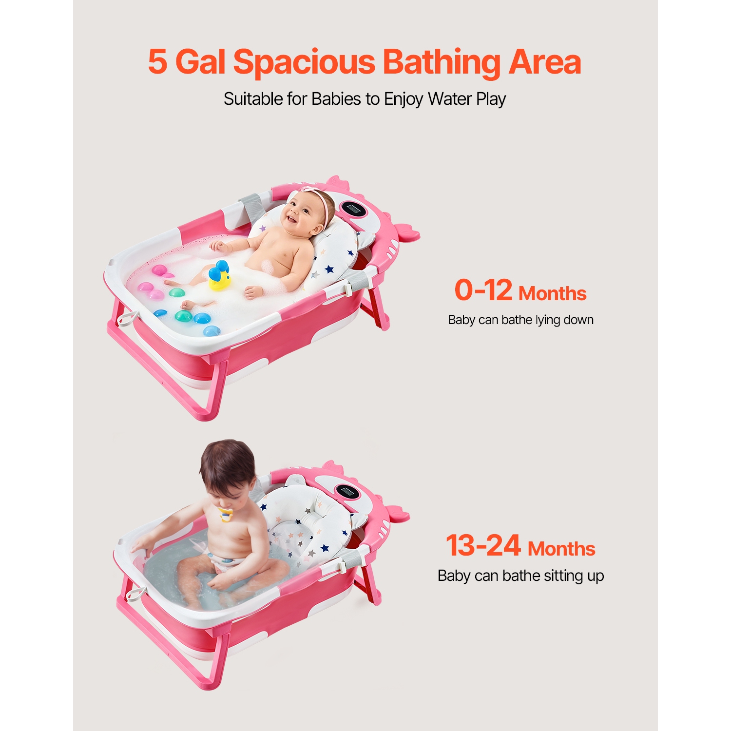 Baignoire pour bébé de 5 gallons VEVOR, baignoire pliante pour bébé avec thermomètre et coussin doux, baignoire rose durable et portative avec