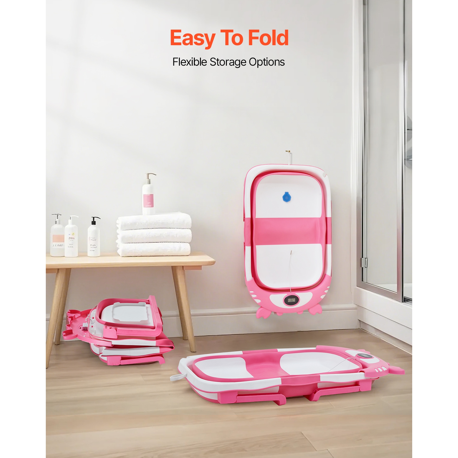 Baignoire pour bébé de 5 gallons VEVOR, baignoire pliante pour bébé avec thermomètre et coussin doux, baignoire rose durable et portative avec