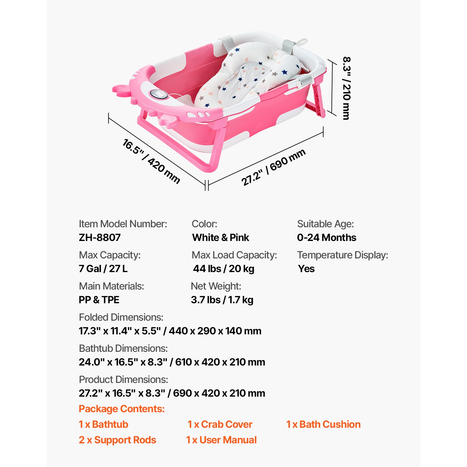 Baignoire pour bébé de 5 gallons VEVOR, baignoire pliante pour bébé avec thermomètre et coussin doux, baignoire rose durable et portative avec