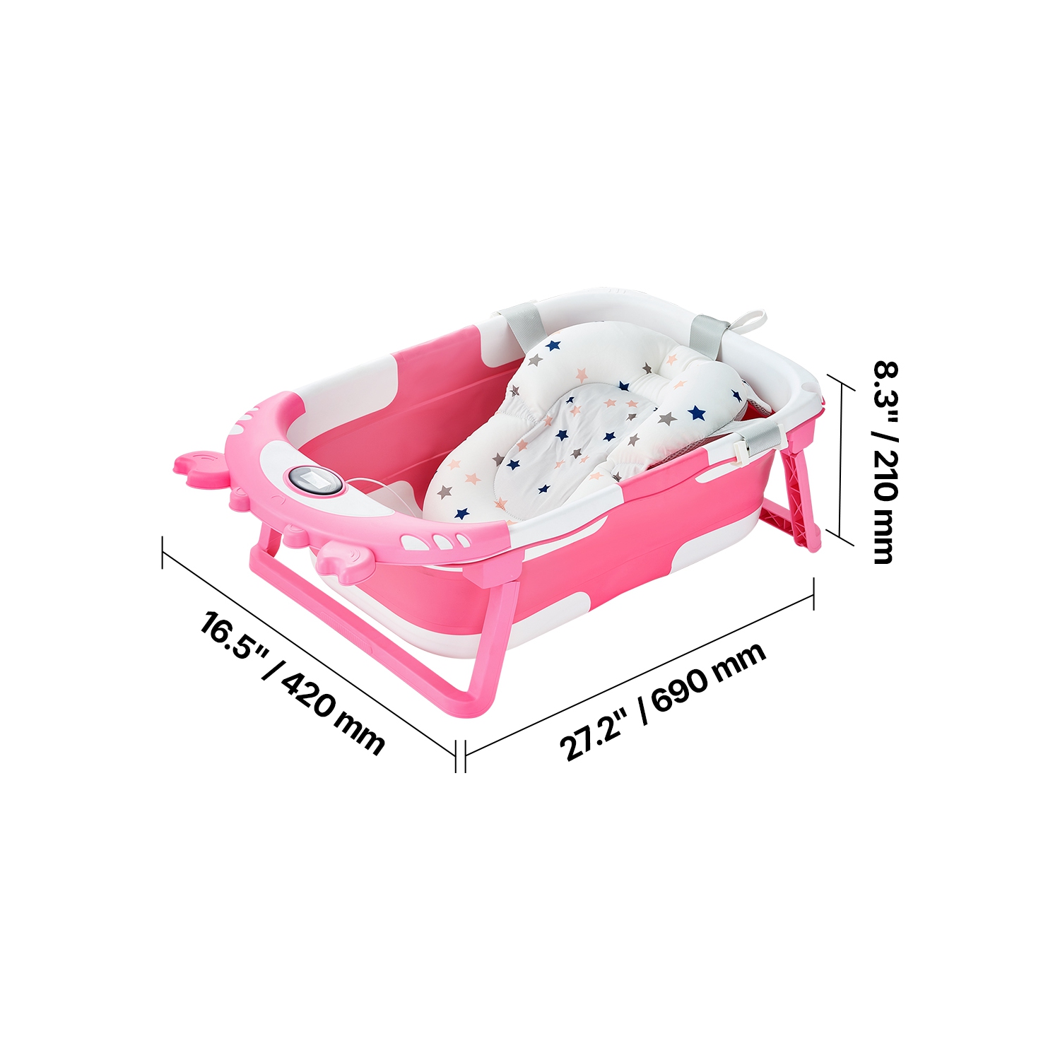Baignoire pour bébé de 5 gallons VEVOR, baignoire pliante pour bébé avec thermomètre et coussin doux, baignoire rose durable et portative avec