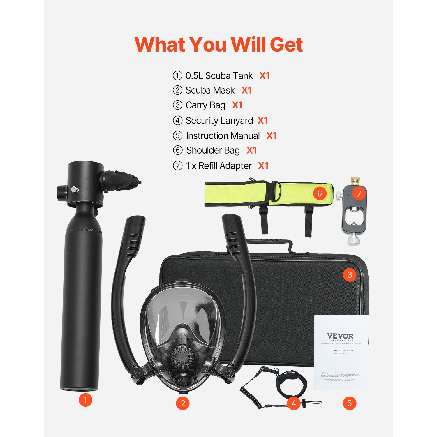 VEVOR 0.5L Scuba Tank, Portable Diving Tank, Diving Oxygen Cylinder Support 5-10 Minutes Underwater Breathing, 32.81 ft Diving Depth, Refillable