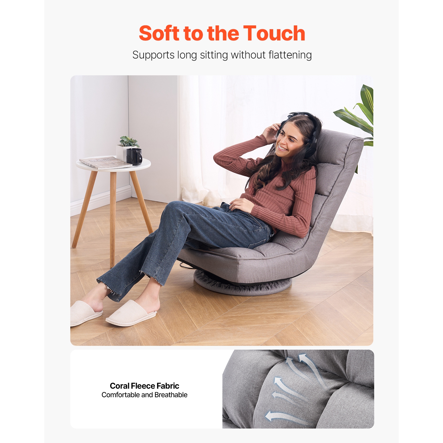 VEVOR 360-Degree Swivel Floor Gaming Chair, Rotating Floor Chair with 4 Adjustable Position Folding Backrest and Lumbar Support, Folding Video