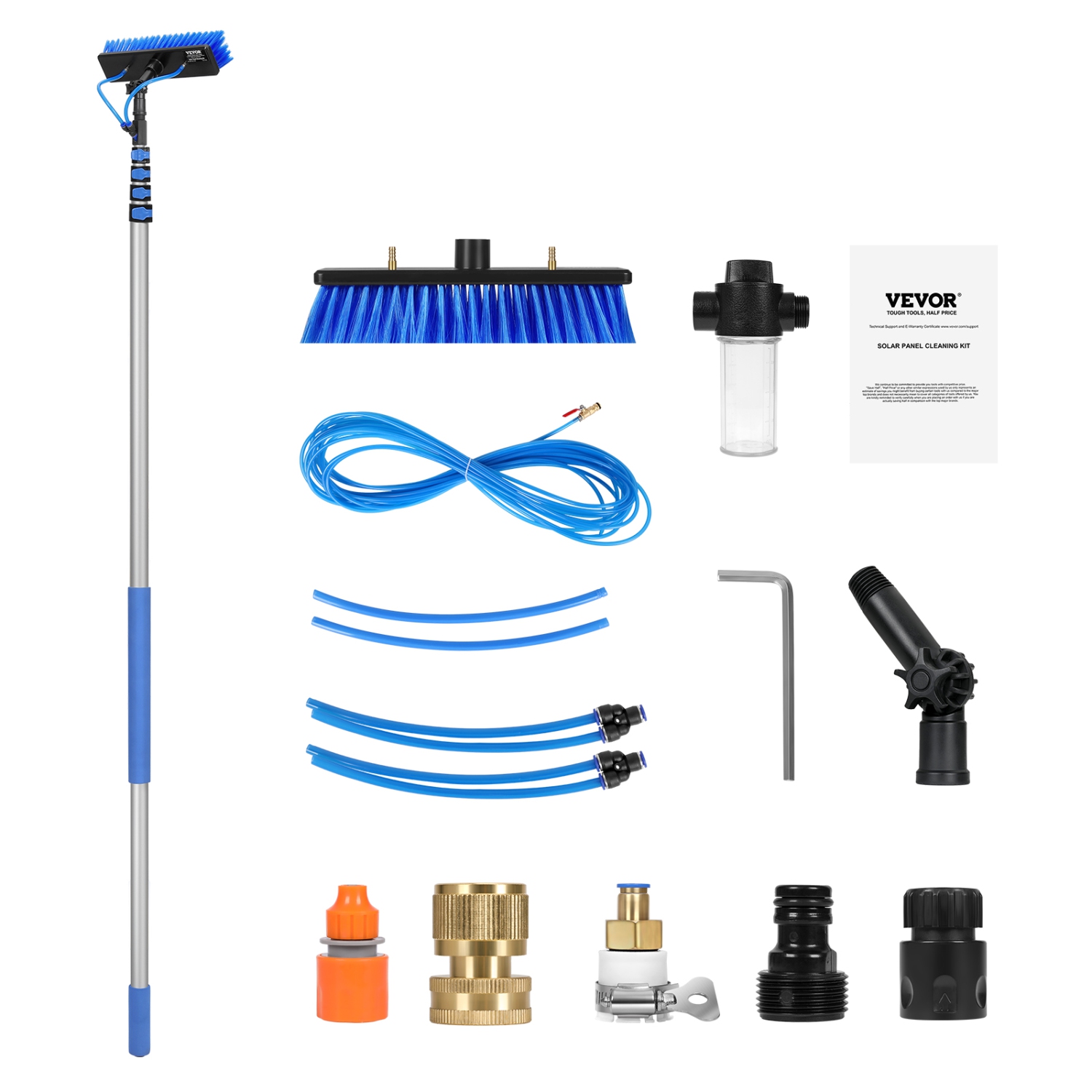 VEVOR 30FT Water Fed Pole Kit, Solar Panel Cleaning Pole with Extendable Handle, 180° Rotatable Brush Head & 65.6FT Hose, Household Window Cleaner