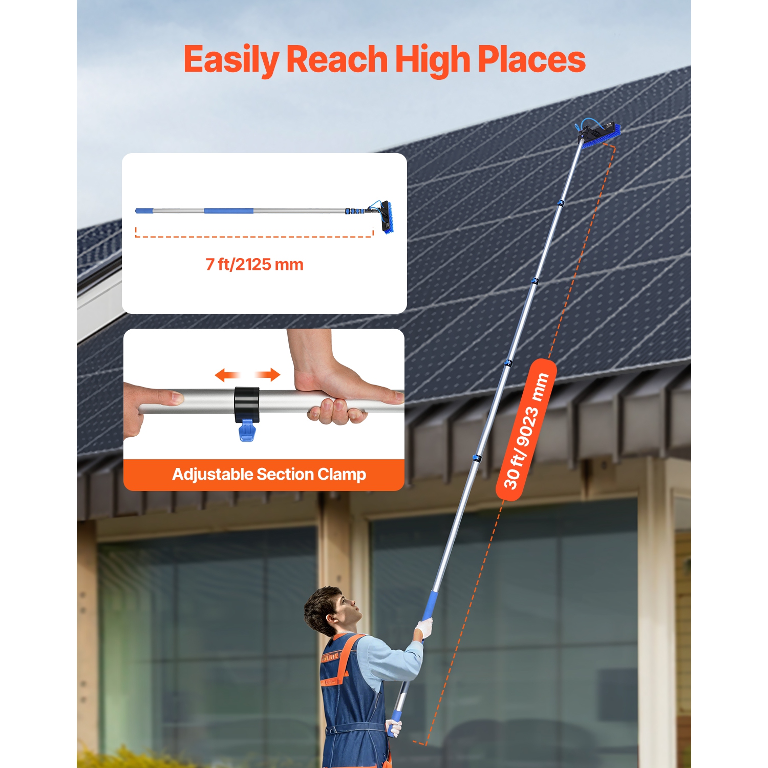 VEVOR 30FT Water Fed Pole Kit, Solar Panel Cleaning Pole with Extendable Handle, 180° Rotatable Brush Head & 65.6FT Hose, Household Window Cleaner
