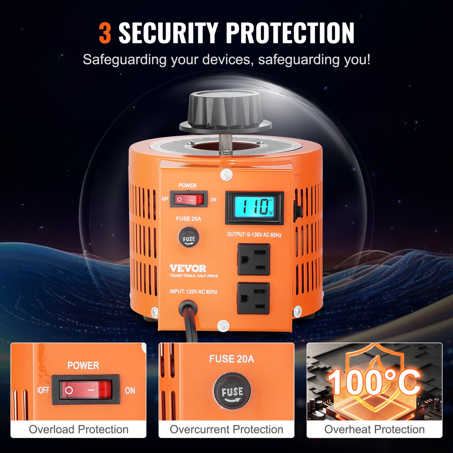 VEVOR 2000VA Auto Variable Voltage Transformer, 15.3 Amp, 110V Input 0-130V Output AC Voltage Regulator, with LCD Display 4 Extra Fuses Thermal