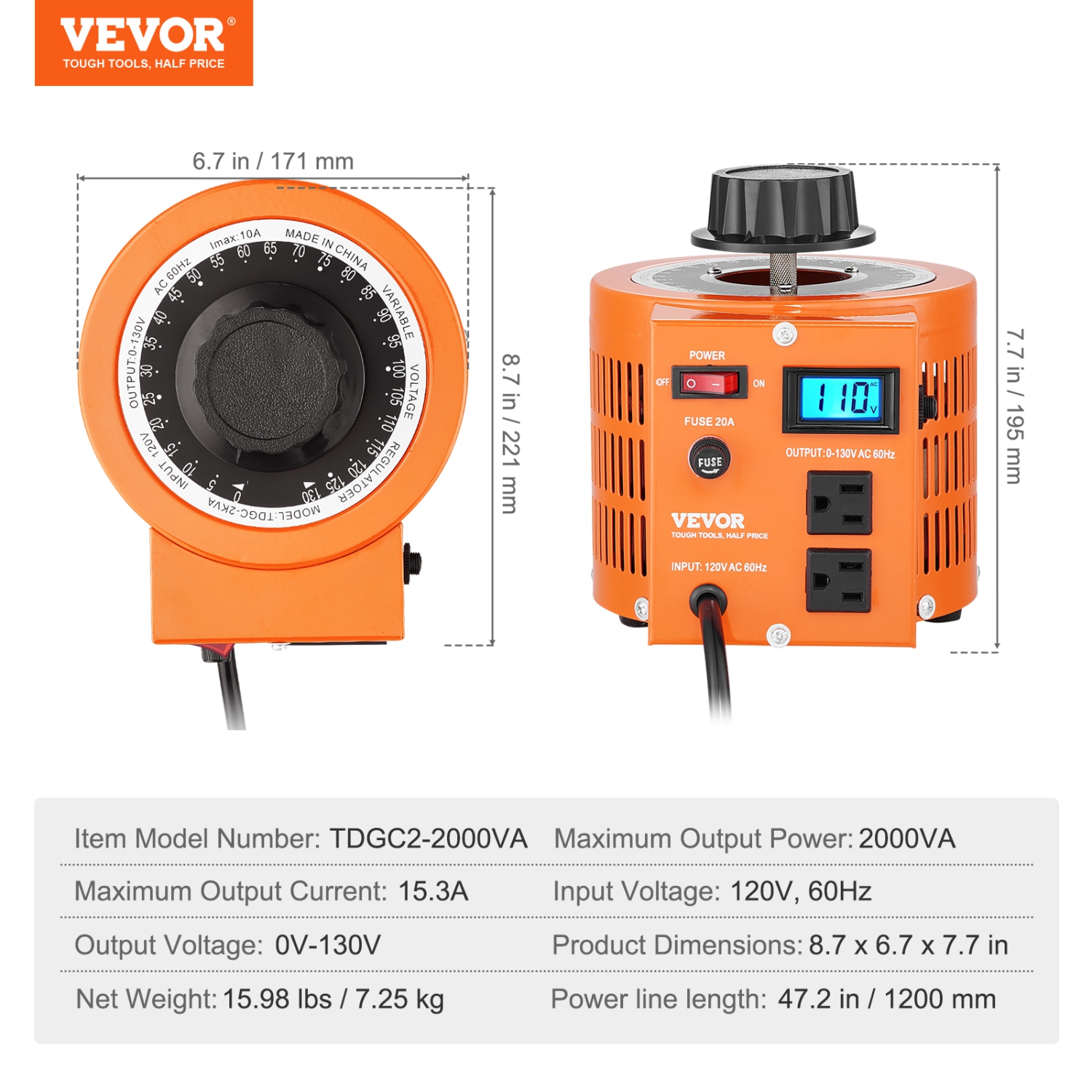 VEVOR 2000VA Auto Variable Voltage Transformer, 15.3 Amp, 110V Input 0-130V Output AC Voltage Regulator, with LCD Display 4 Extra Fuses Thermal