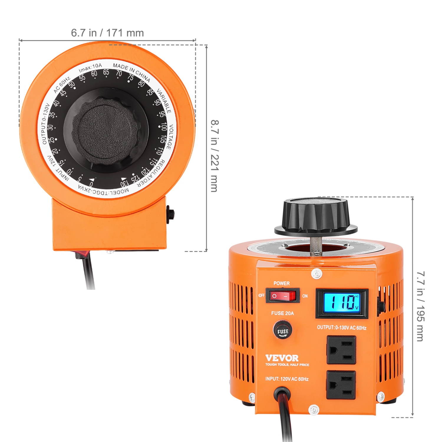 VEVOR 2000VA Auto Variable Voltage Transformer, 15.3 Amp, 110V Input 0-130V Output AC Voltage Regulator, with LCD Display 4 Extra Fuses Thermal