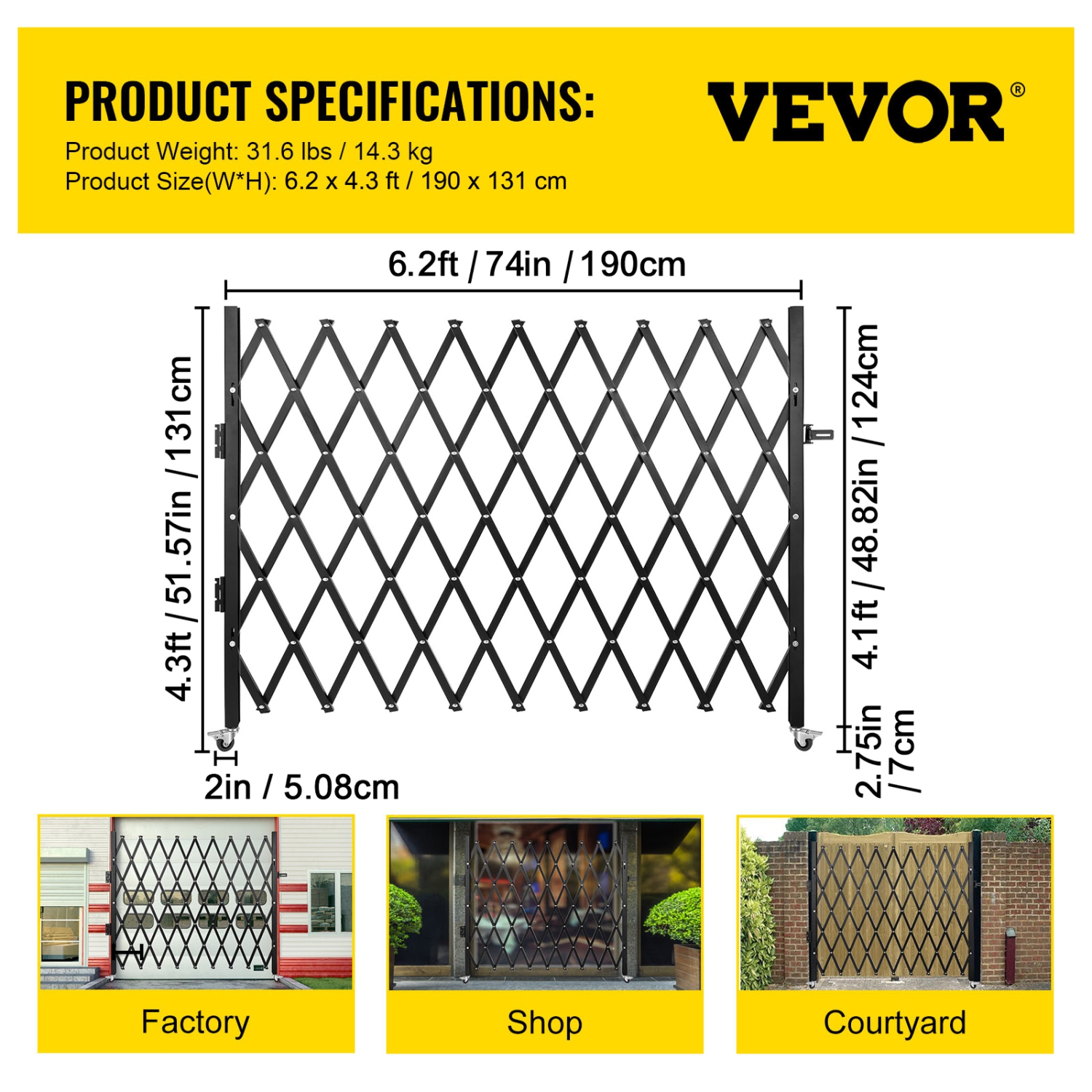 VEVOR 74"W x 51.57"H Single Folding Security Gate, Steel Accordion Security Gate, Flexible Expanding Security Gate, 360° Rolling Barricade Gate,
