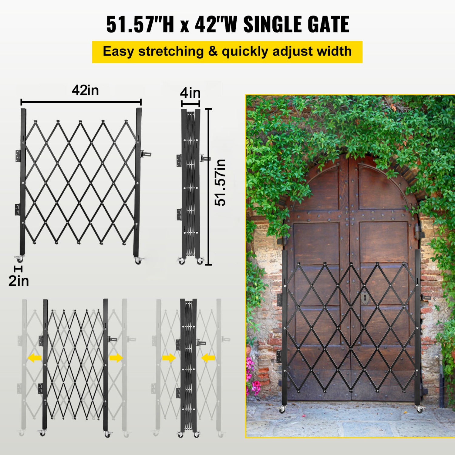 VEVOR 48" H x 37" W Single Folding Security Gate, Steel Accordion Security Gate, Flexible Expanding Security Gate, 360° Rolling Barricade Gate,